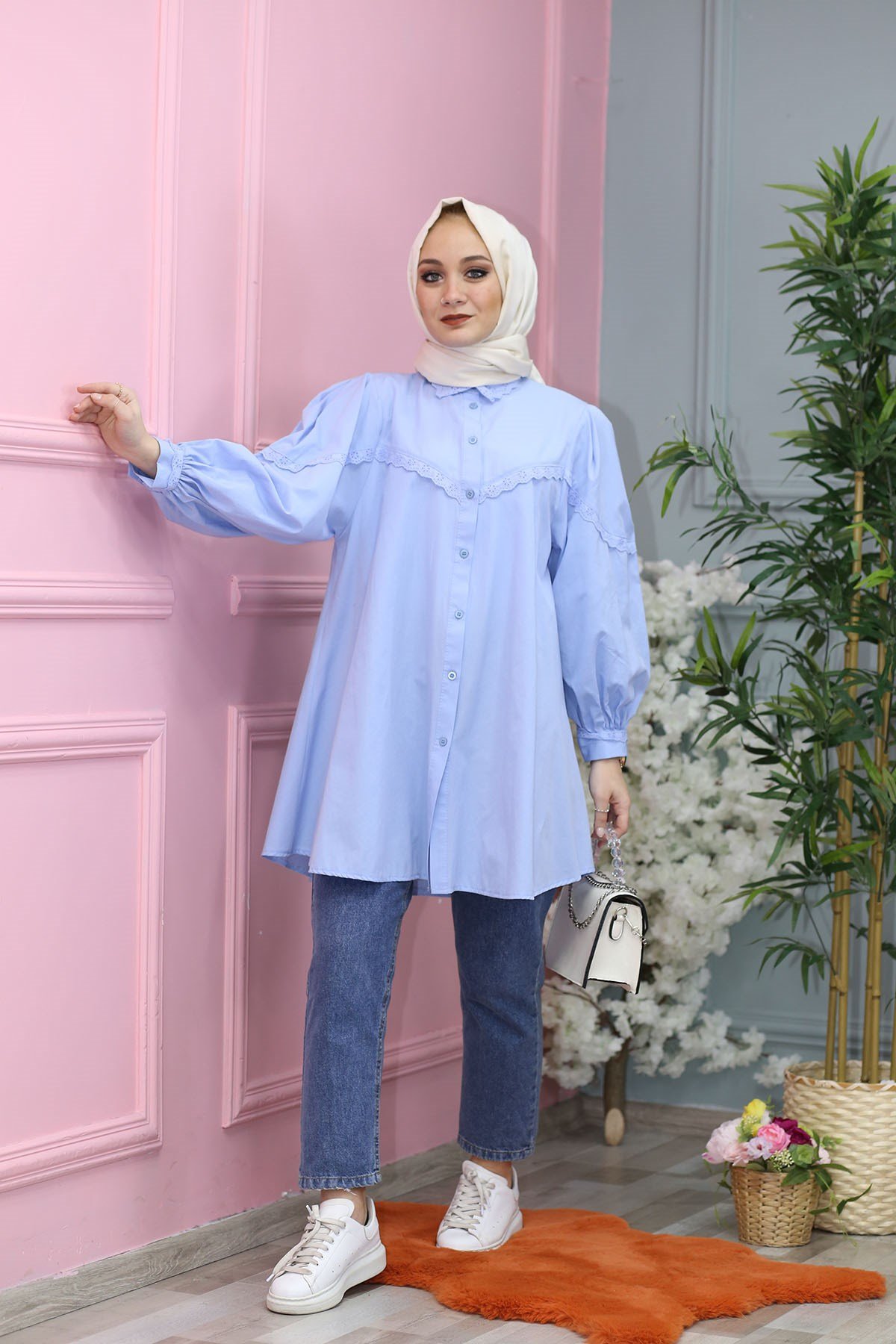 YAKA ÇİÇEK LAZER KESİM TUNİK MAVİ  61172