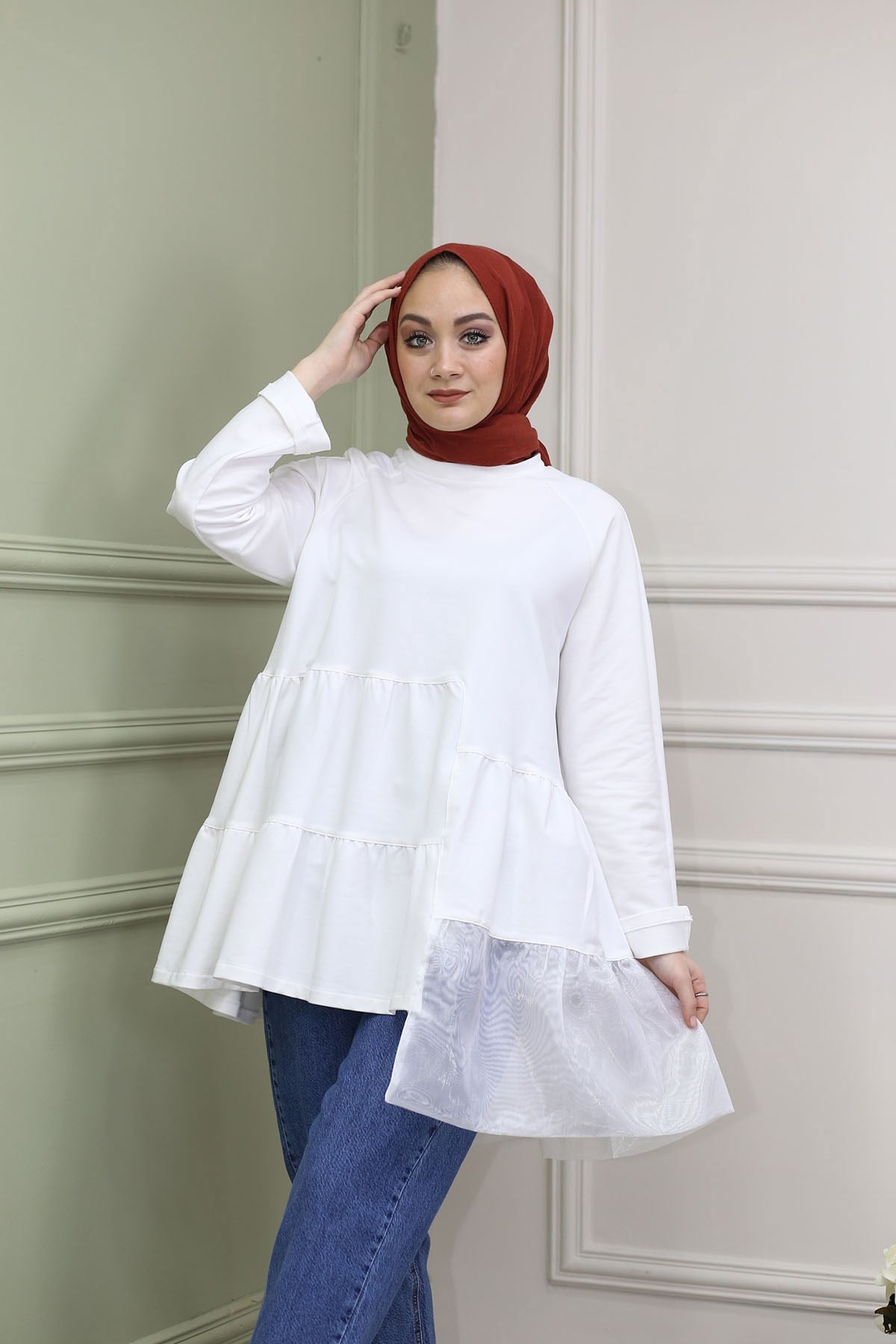 Organze Kat Detaylı Tunik Beyaz 8316