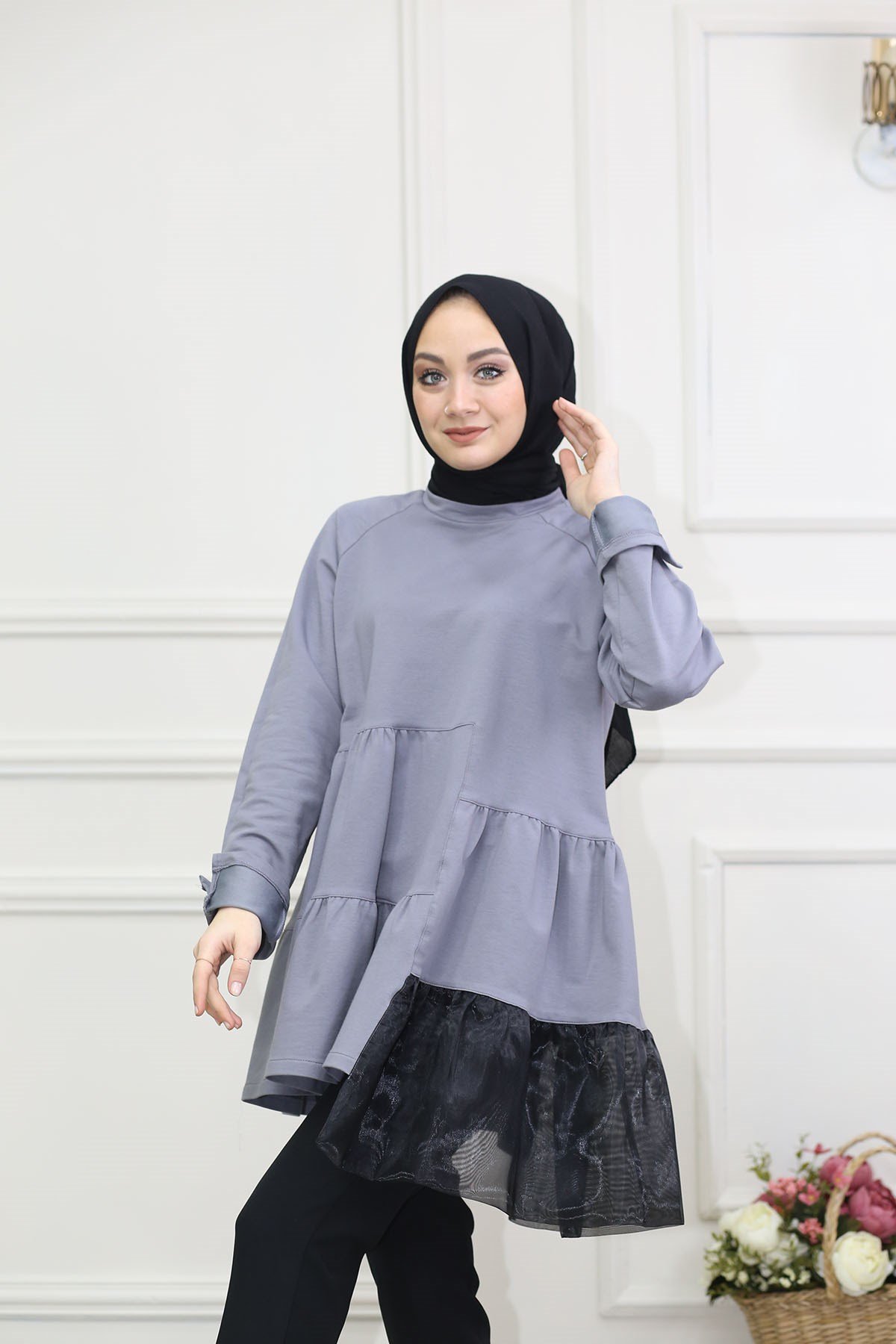 Organze Kat Detaylı Tunik Gri 8316