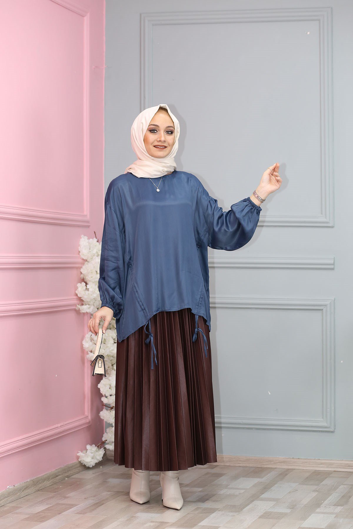 SATEN BLUZ PETROL MAVİ 6872