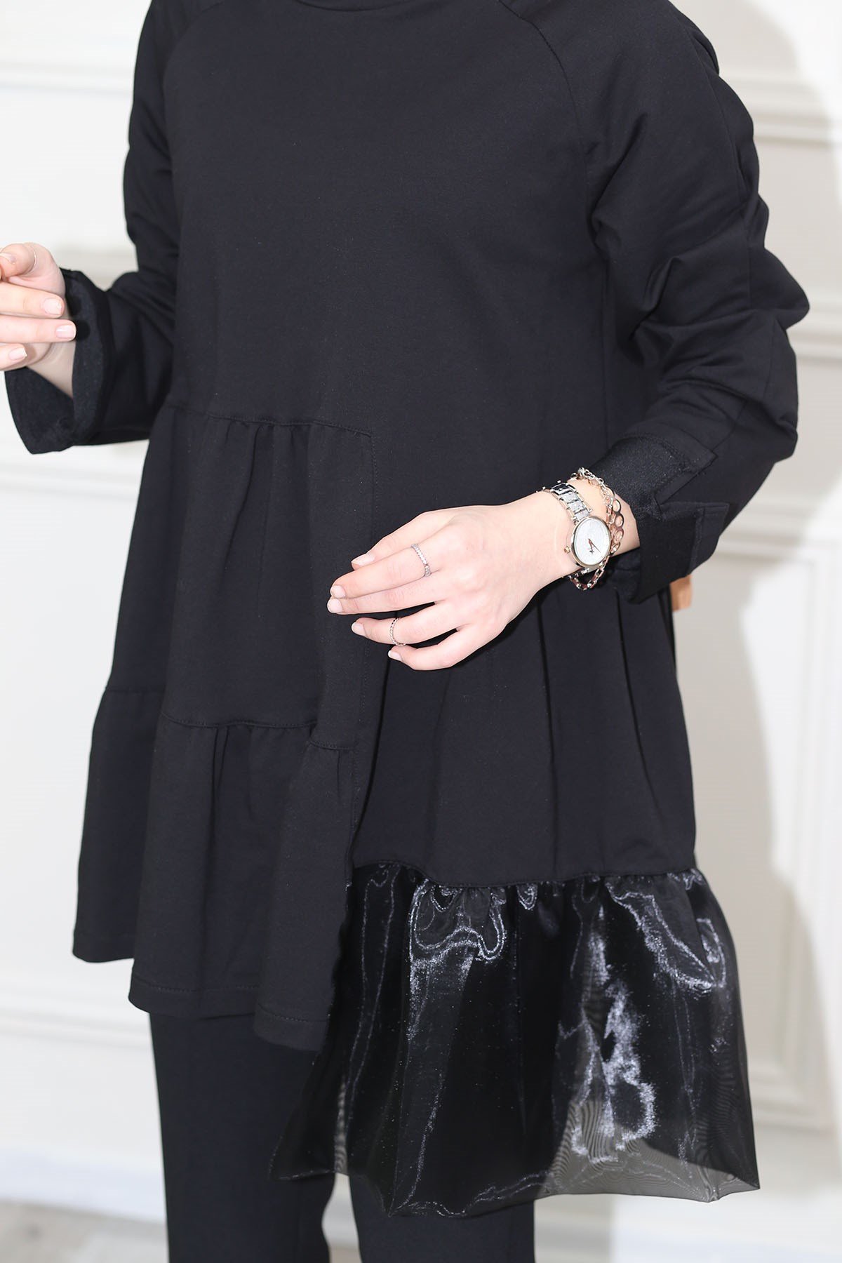 Organze Kat Detaylı Tunik Siyah 8316