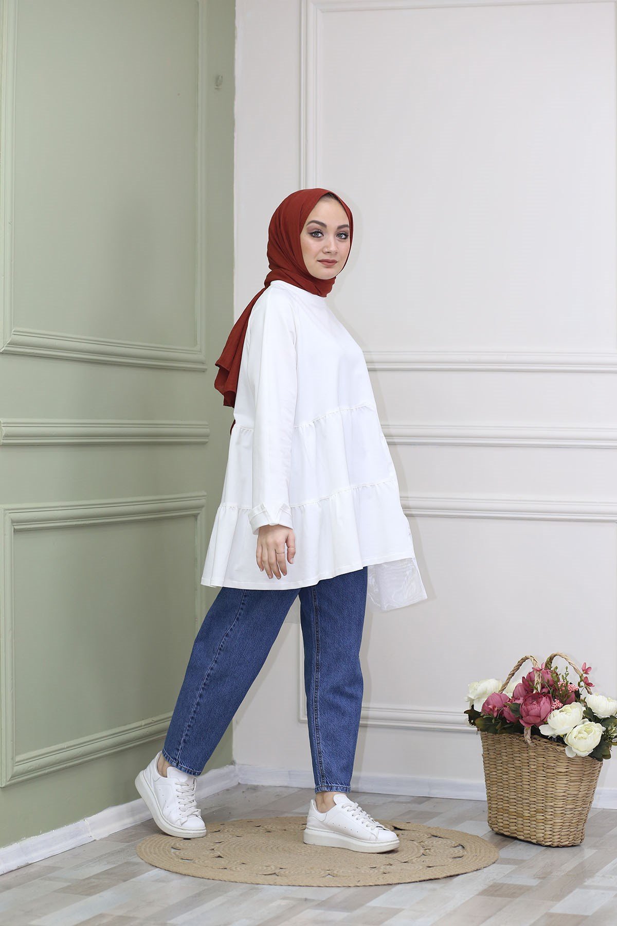 Organze Kat Detaylı Tunik Beyaz 8316