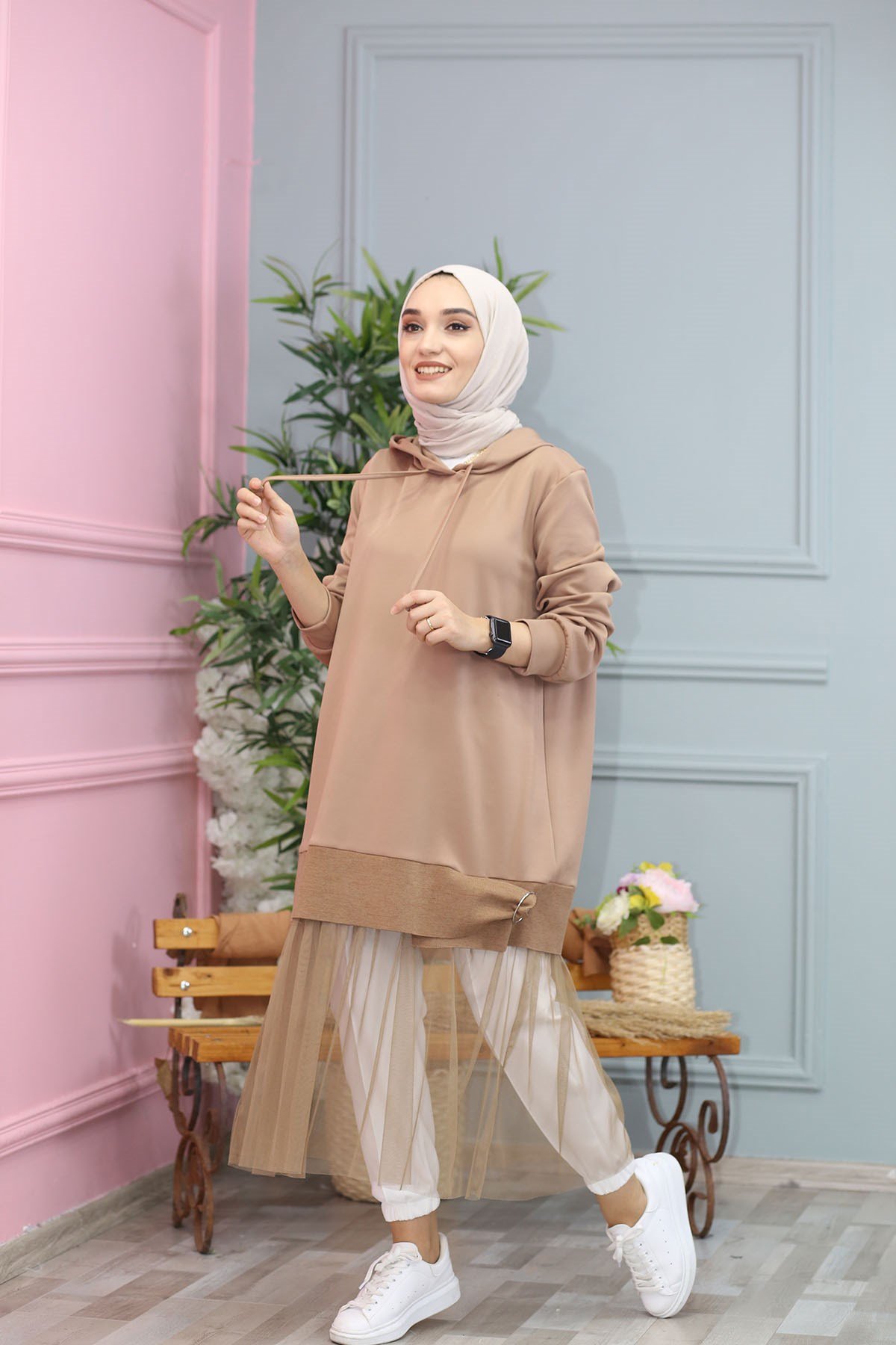 TÜL DETAYLI TUNİK CAMEL  4456