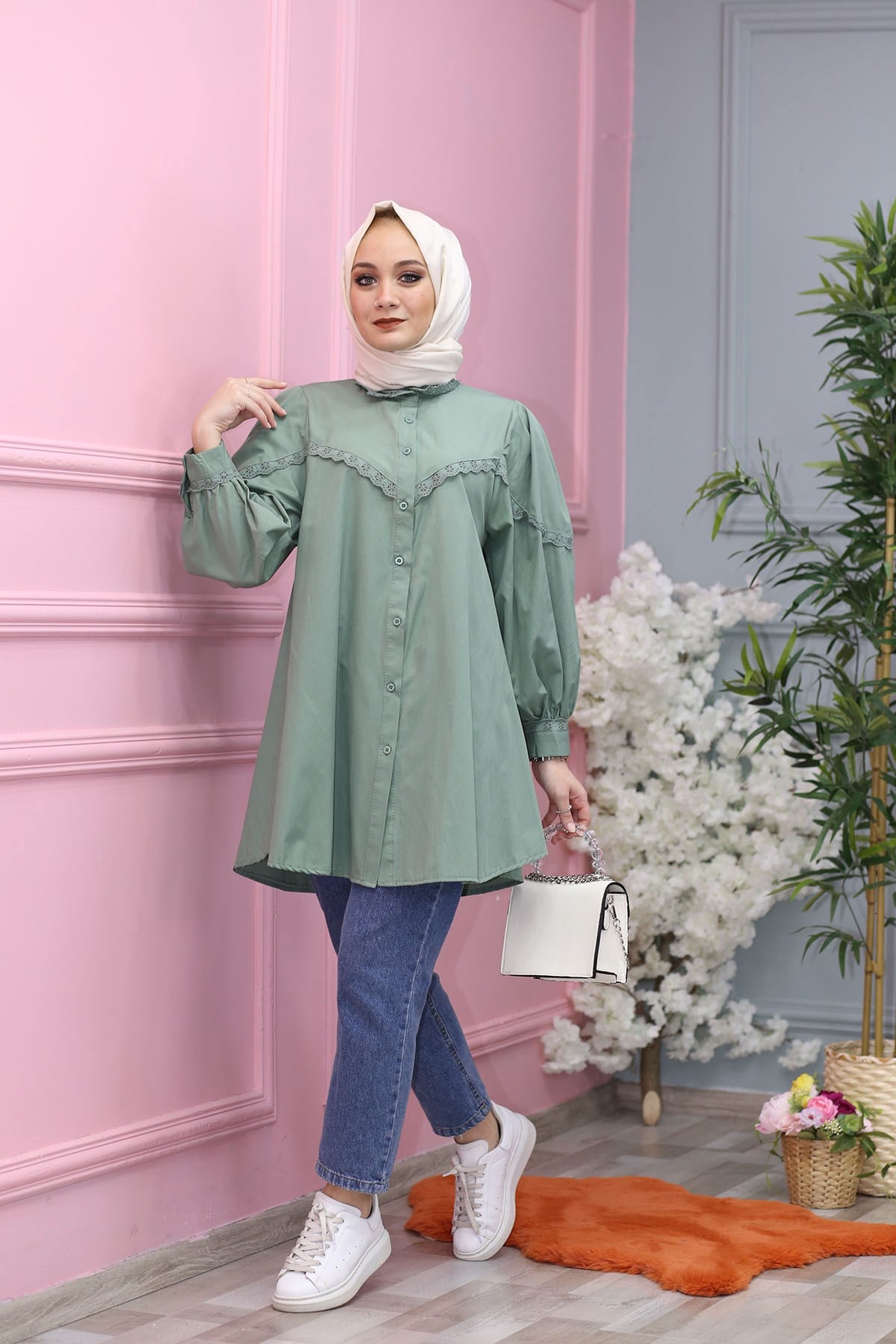 YAKA ÇİÇEK LAZER KESİM TUNİK ÇAĞLA YEŞİL  61172
