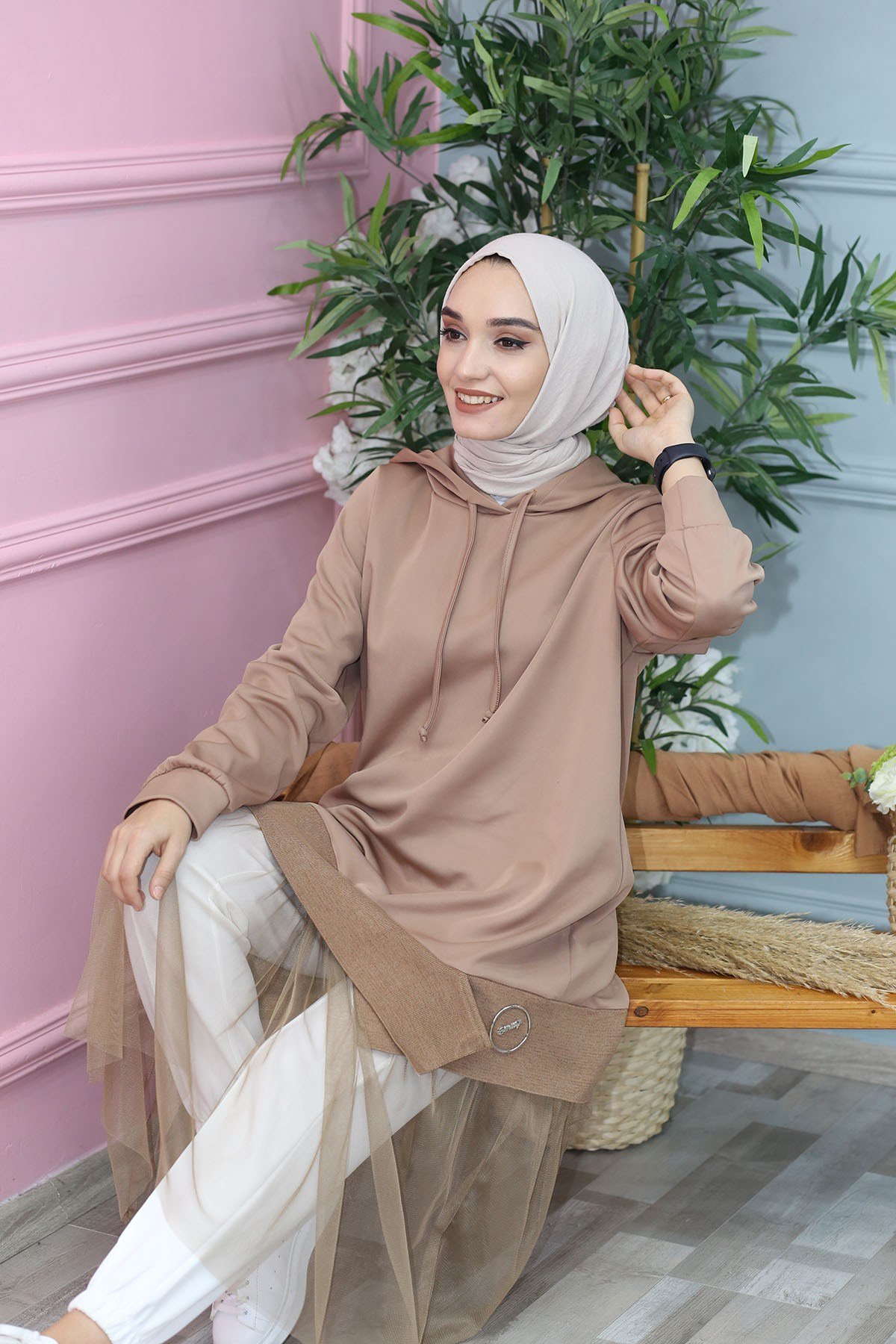 TÜL DETAYLI TUNİK CAMEL  4456