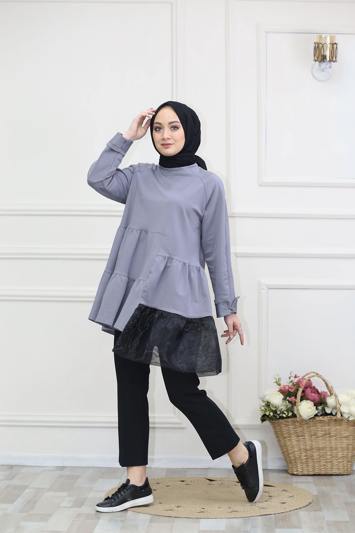 Organze Kat Detaylı Tunik Gri 8316