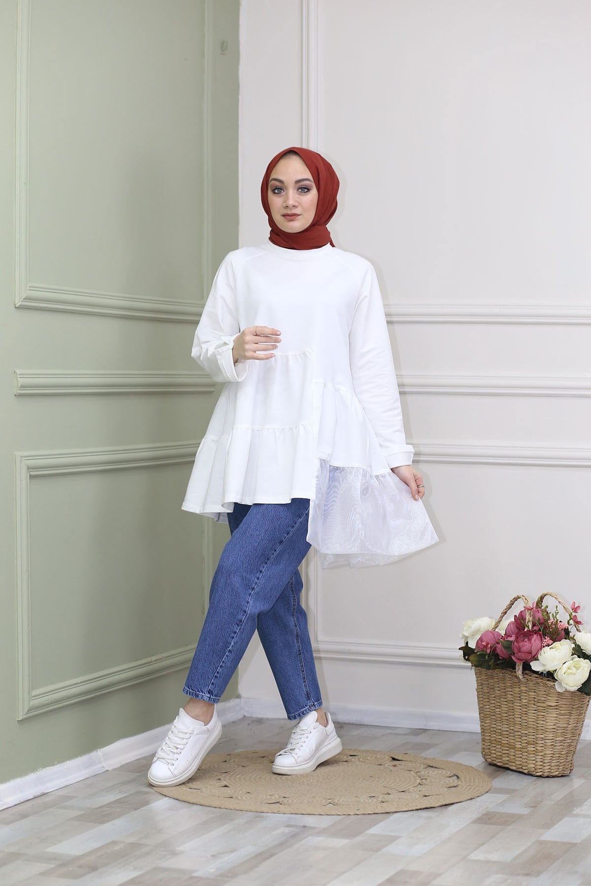 Organze Kat Detaylı Tunik Beyaz 8316
