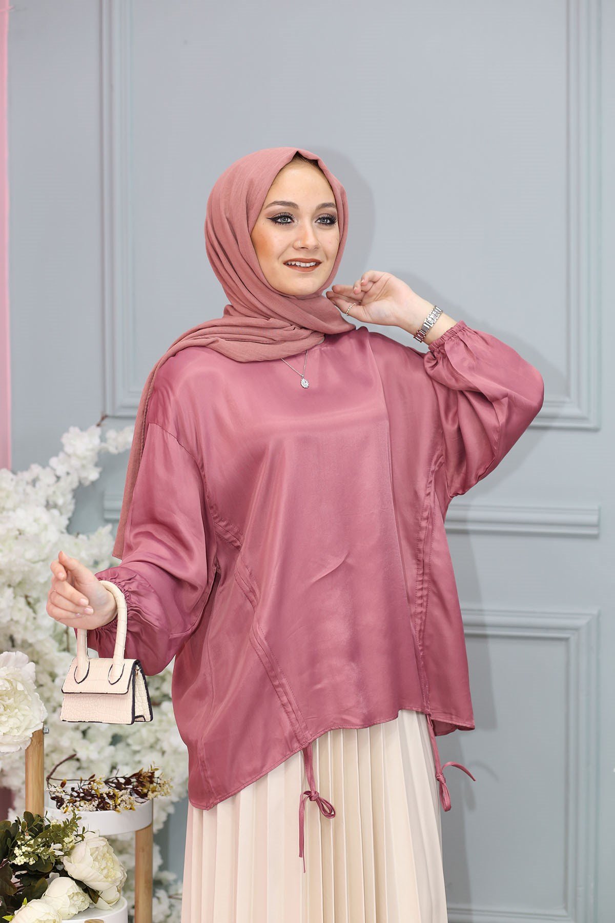SATEN BLUZ PEMBE 6872