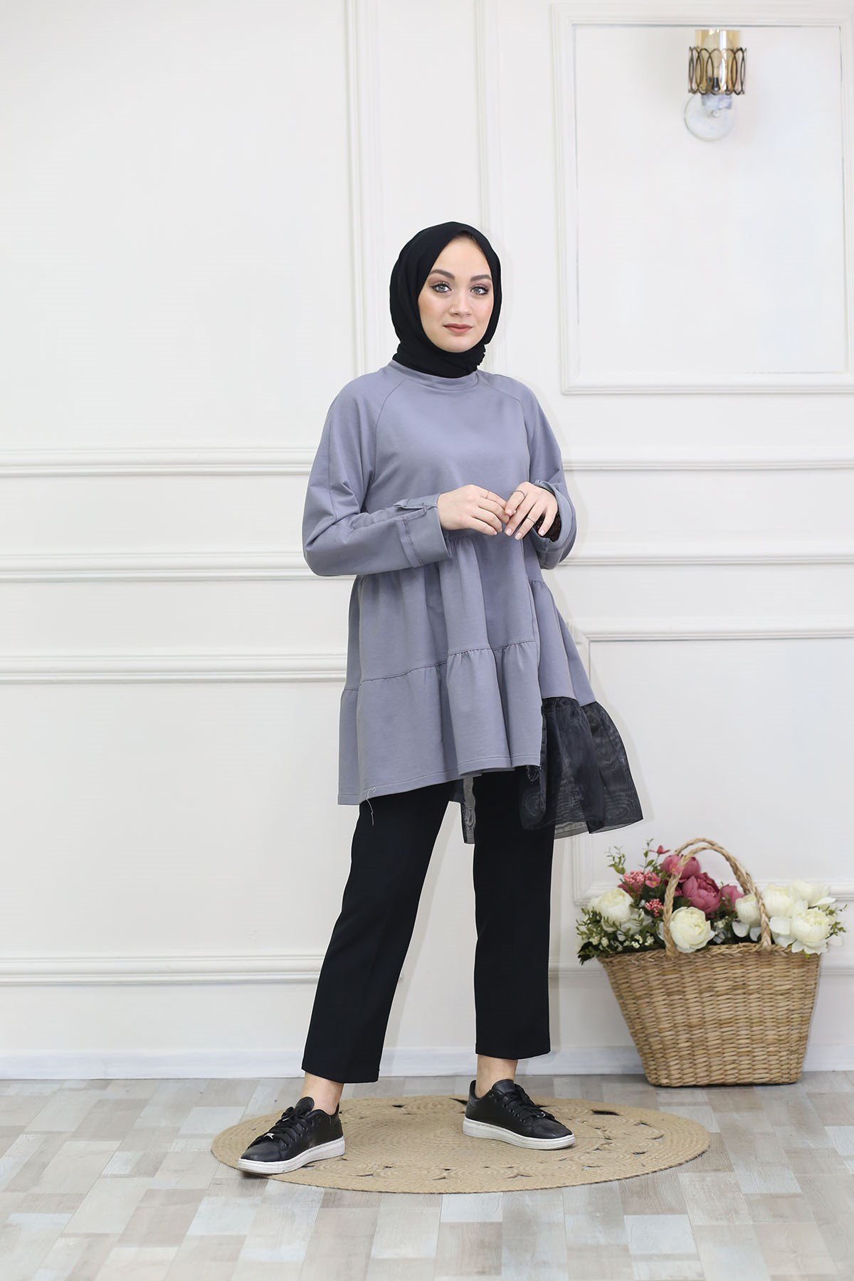 Organze Kat Detaylı Tunik Gri 8316