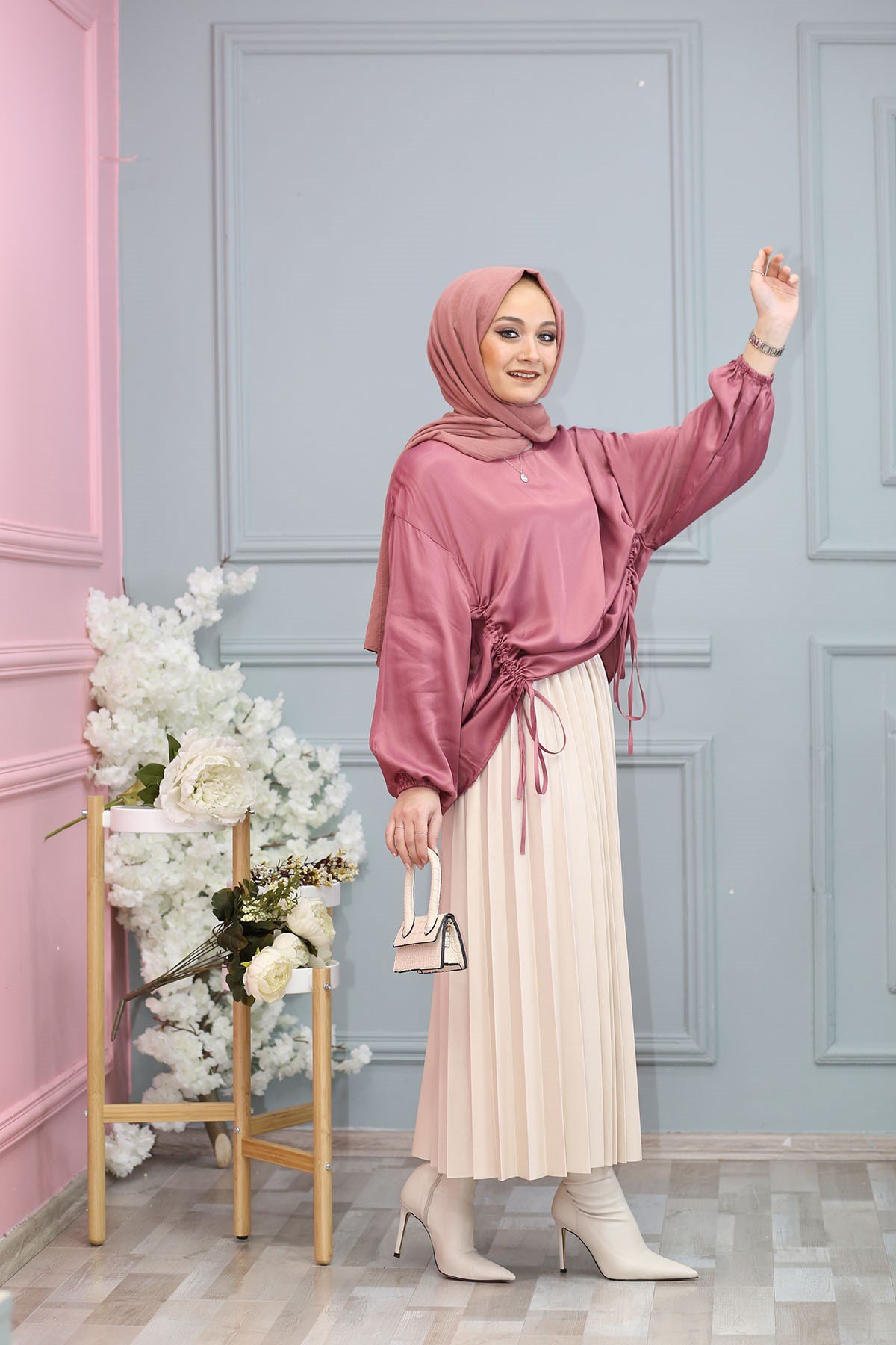SATEN BLUZ PEMBE 6872
