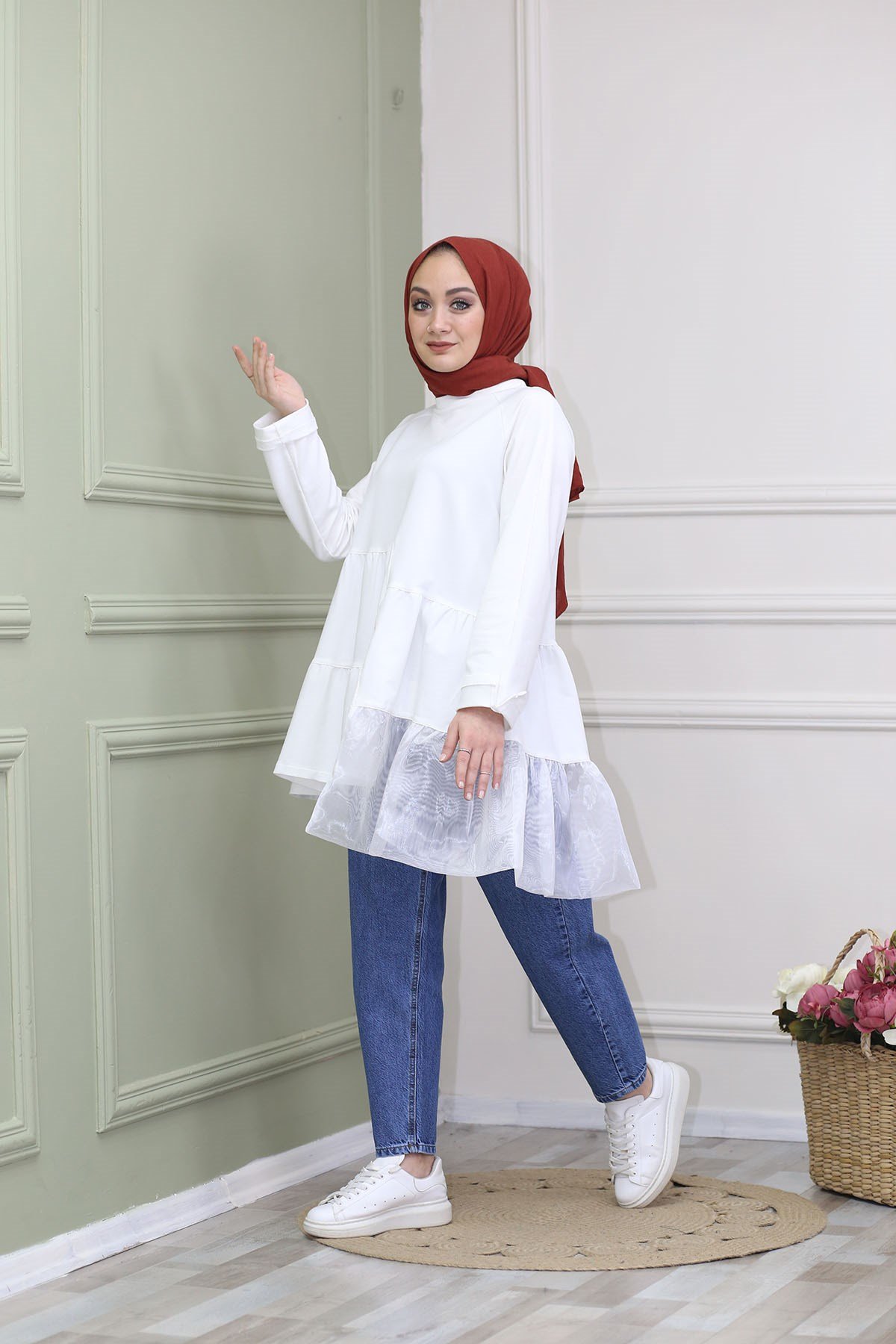 Organze Kat Detaylı Tunik Beyaz 8316