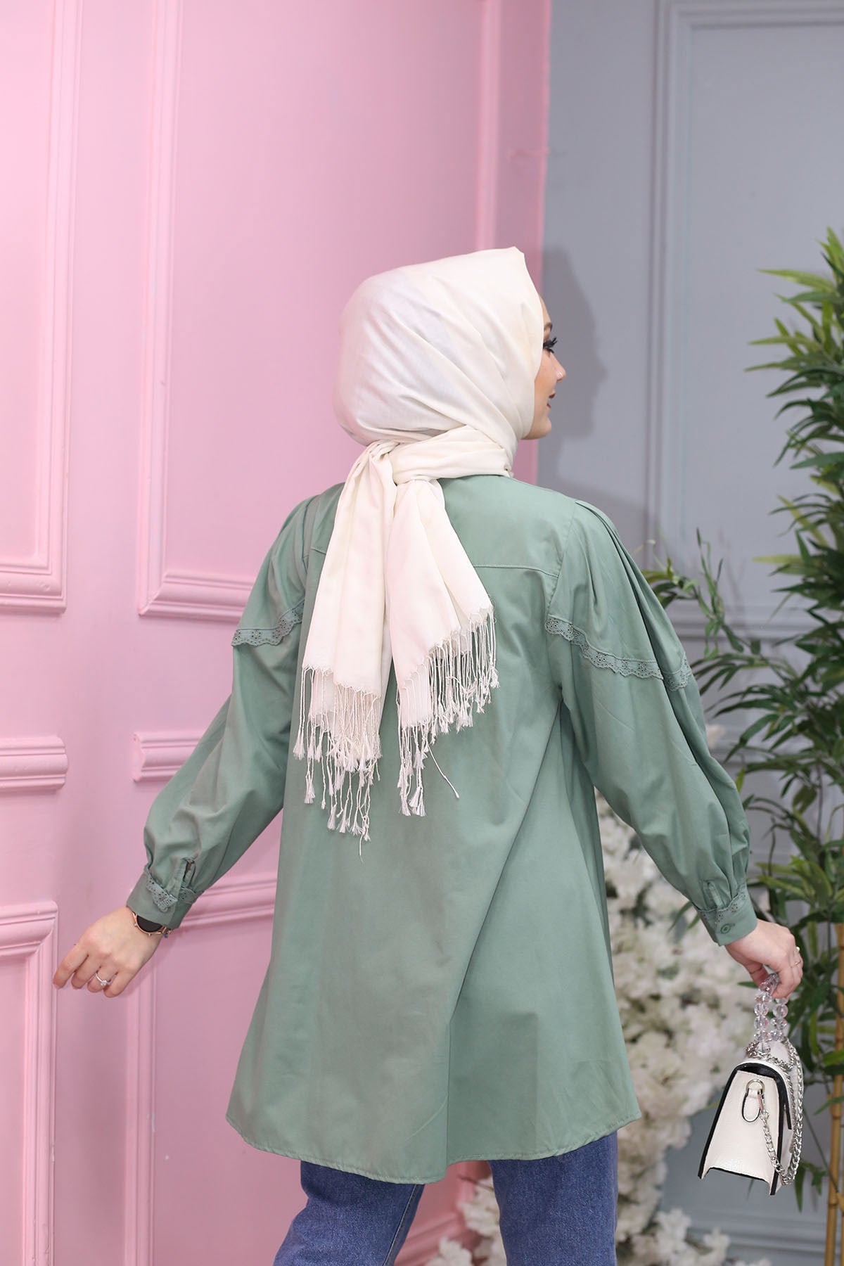 YAKA ÇİÇEK LAZER KESİM TUNİK ÇAĞLA YEŞİL  61172