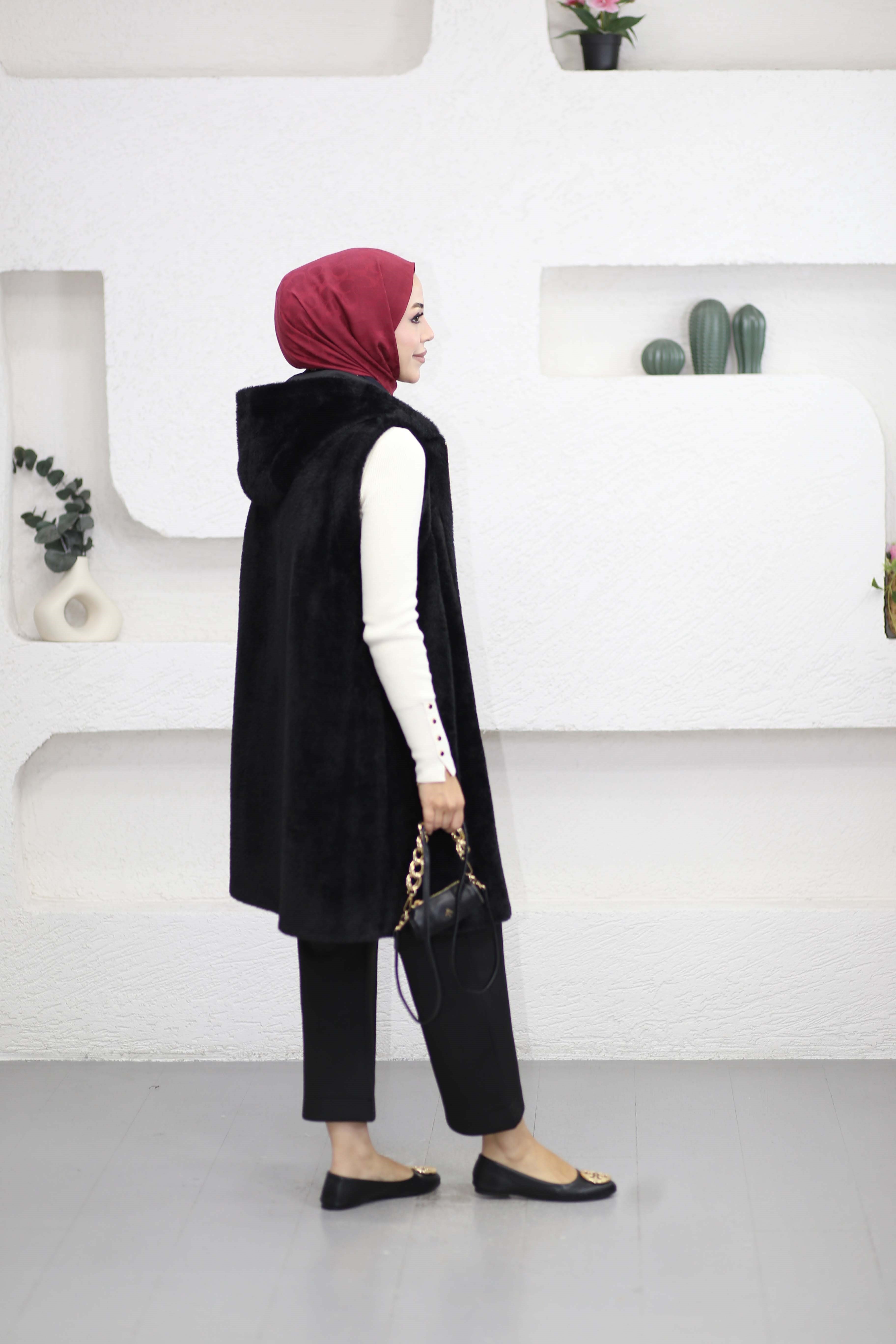 Uzun Angora Yelek Siyah 4630