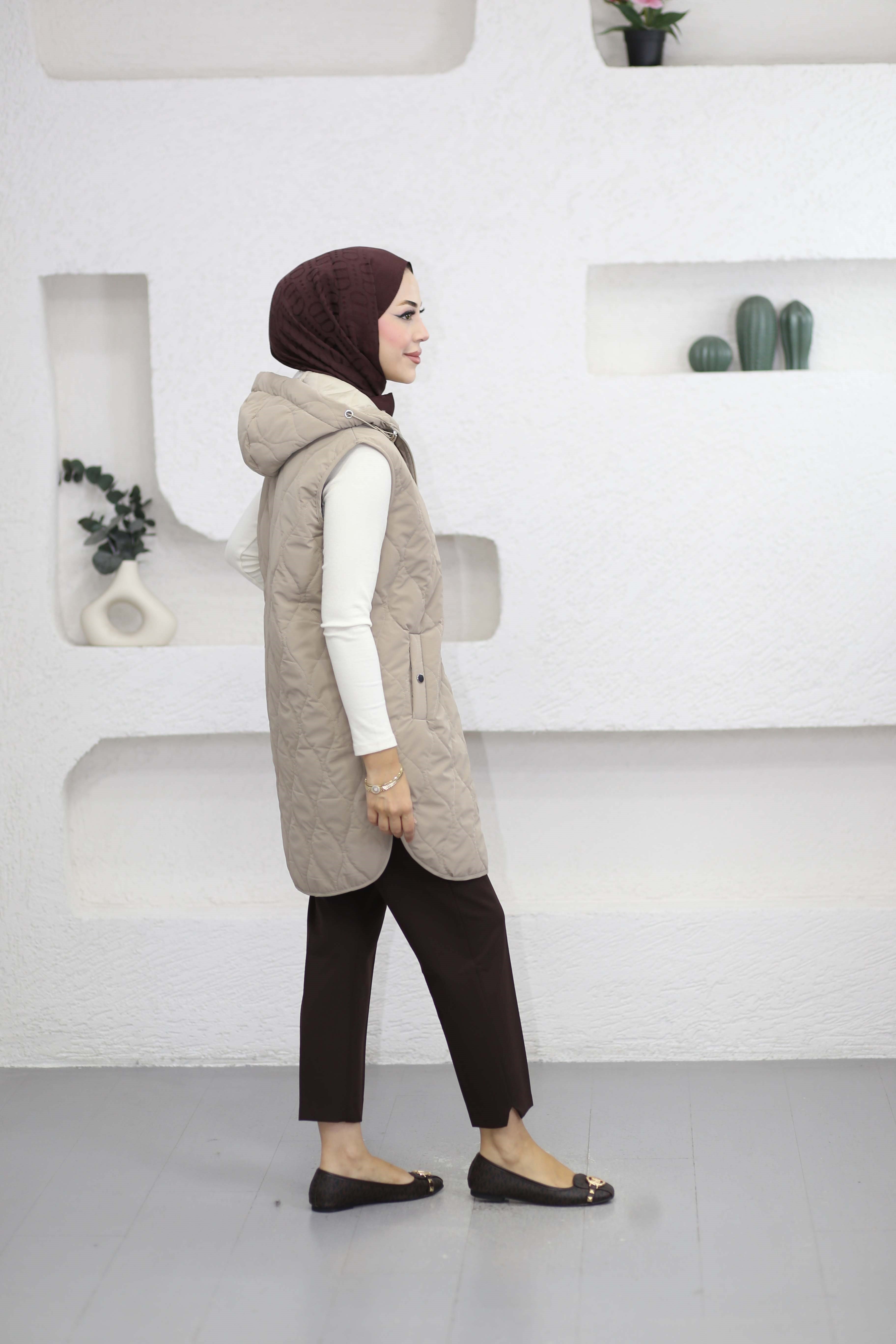 Düğmeli Kapitone Yelek Vizon 2220