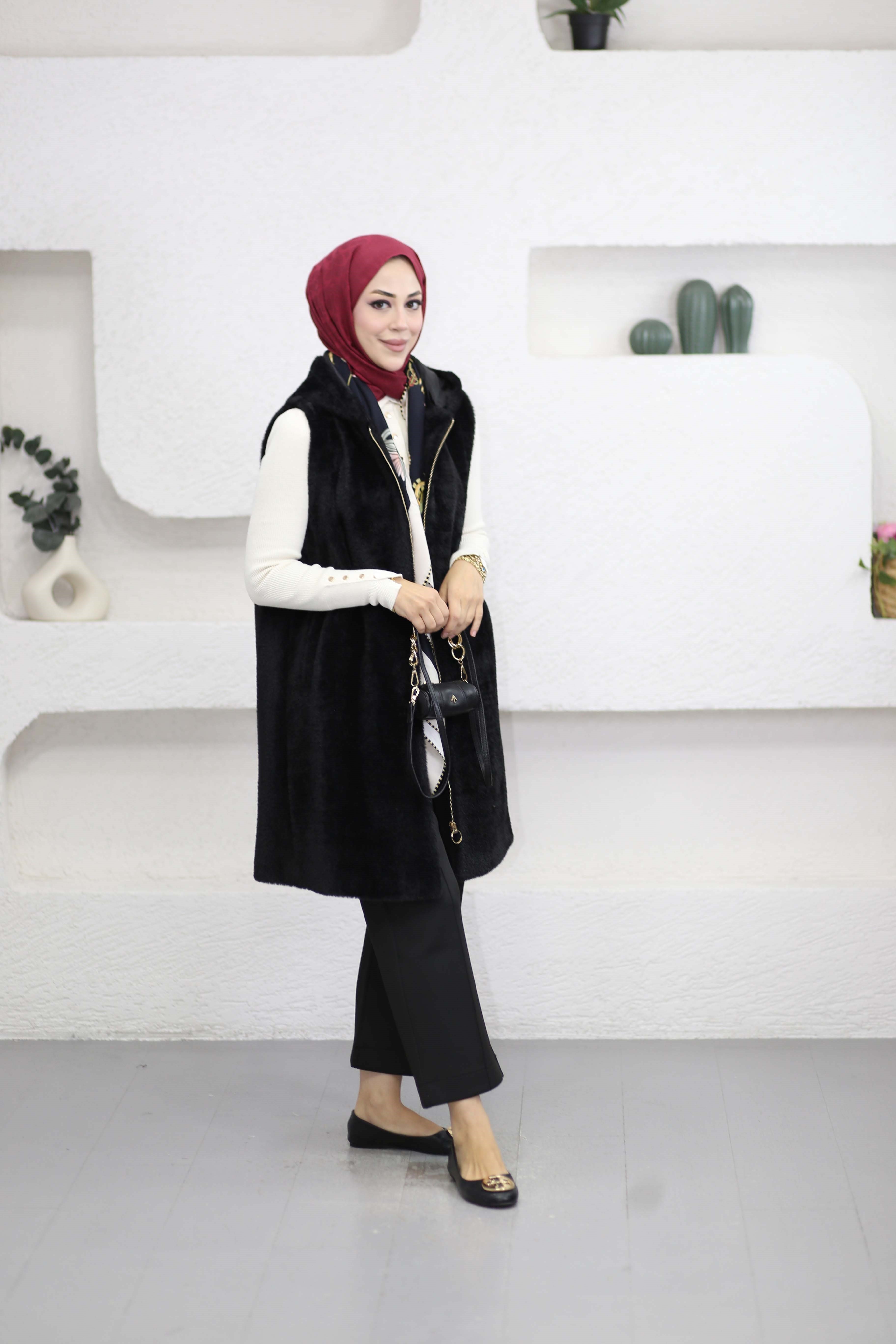 Uzun Angora Yelek Siyah 4630