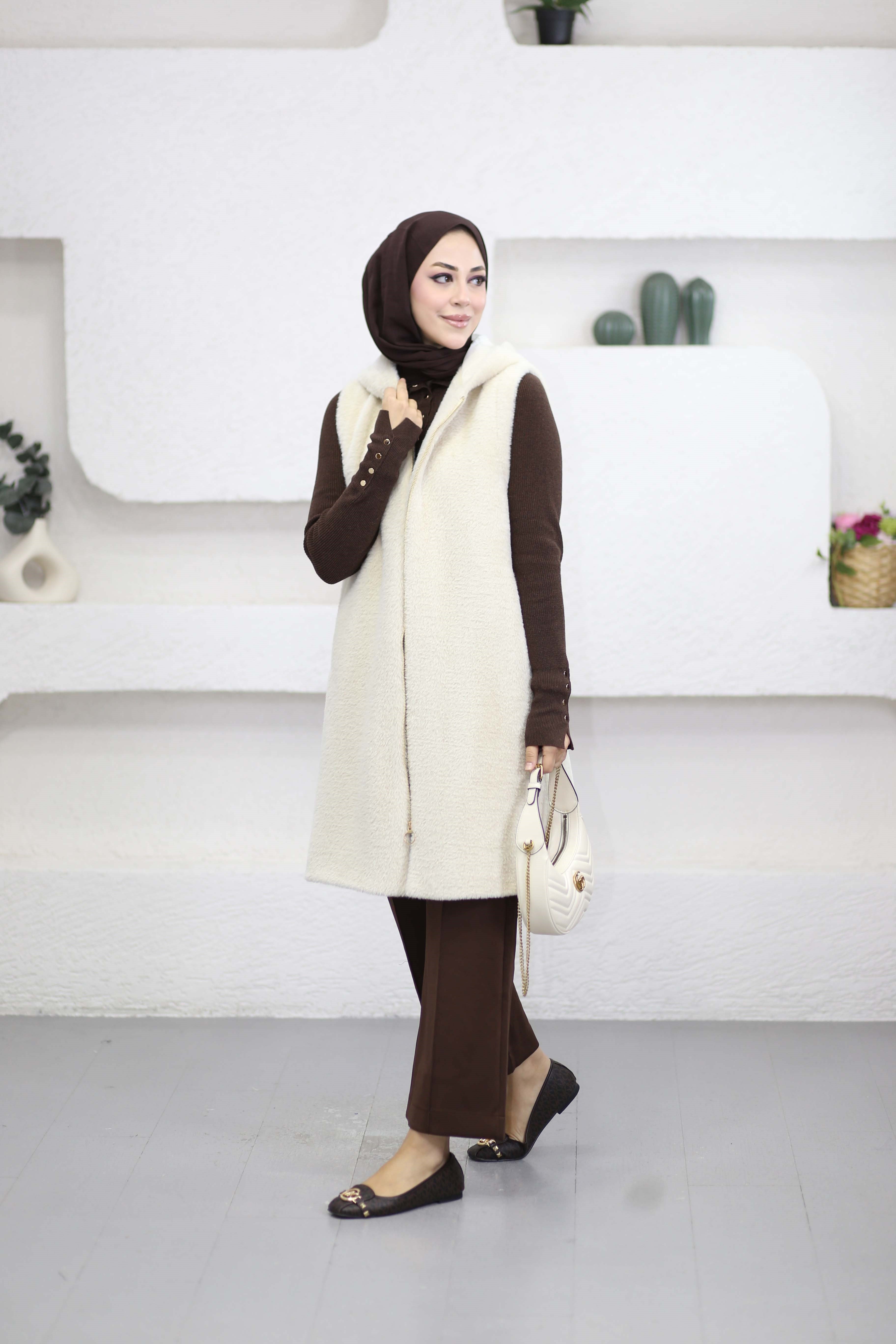 Uzun Angora Yelek Bej 4630