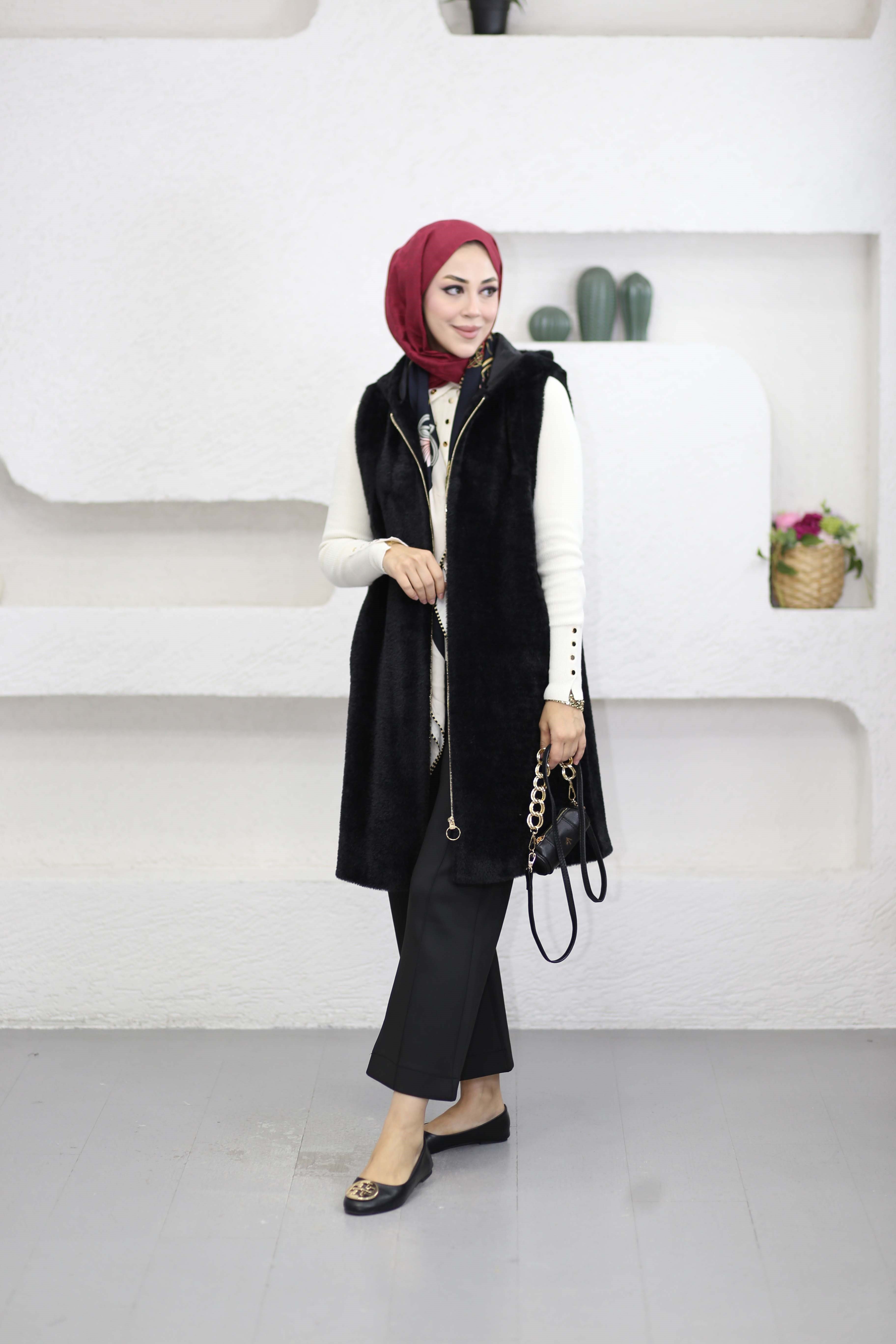 Uzun Angora Yelek Siyah 4630
