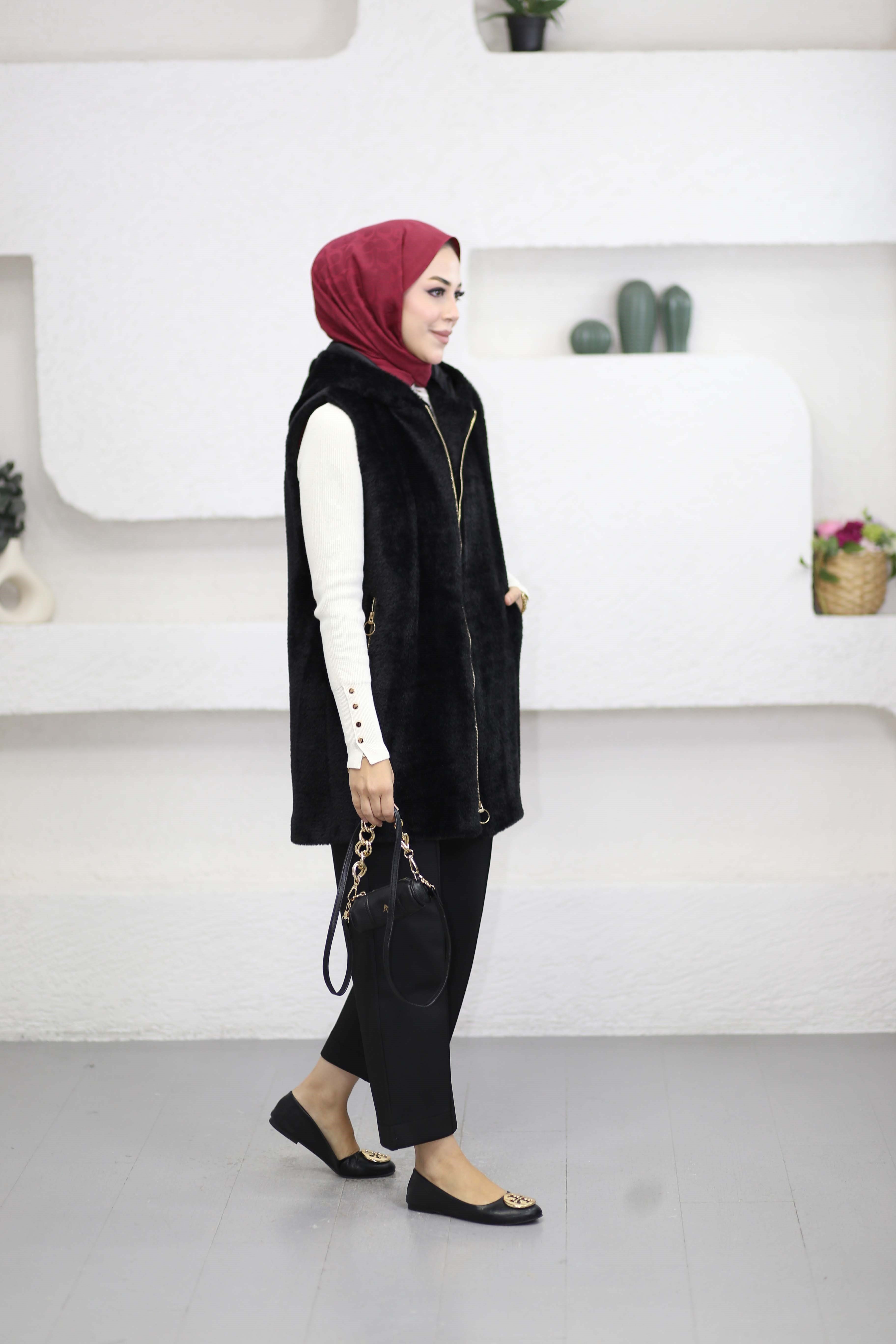 Kısa Angora Yelek Siyah 4632