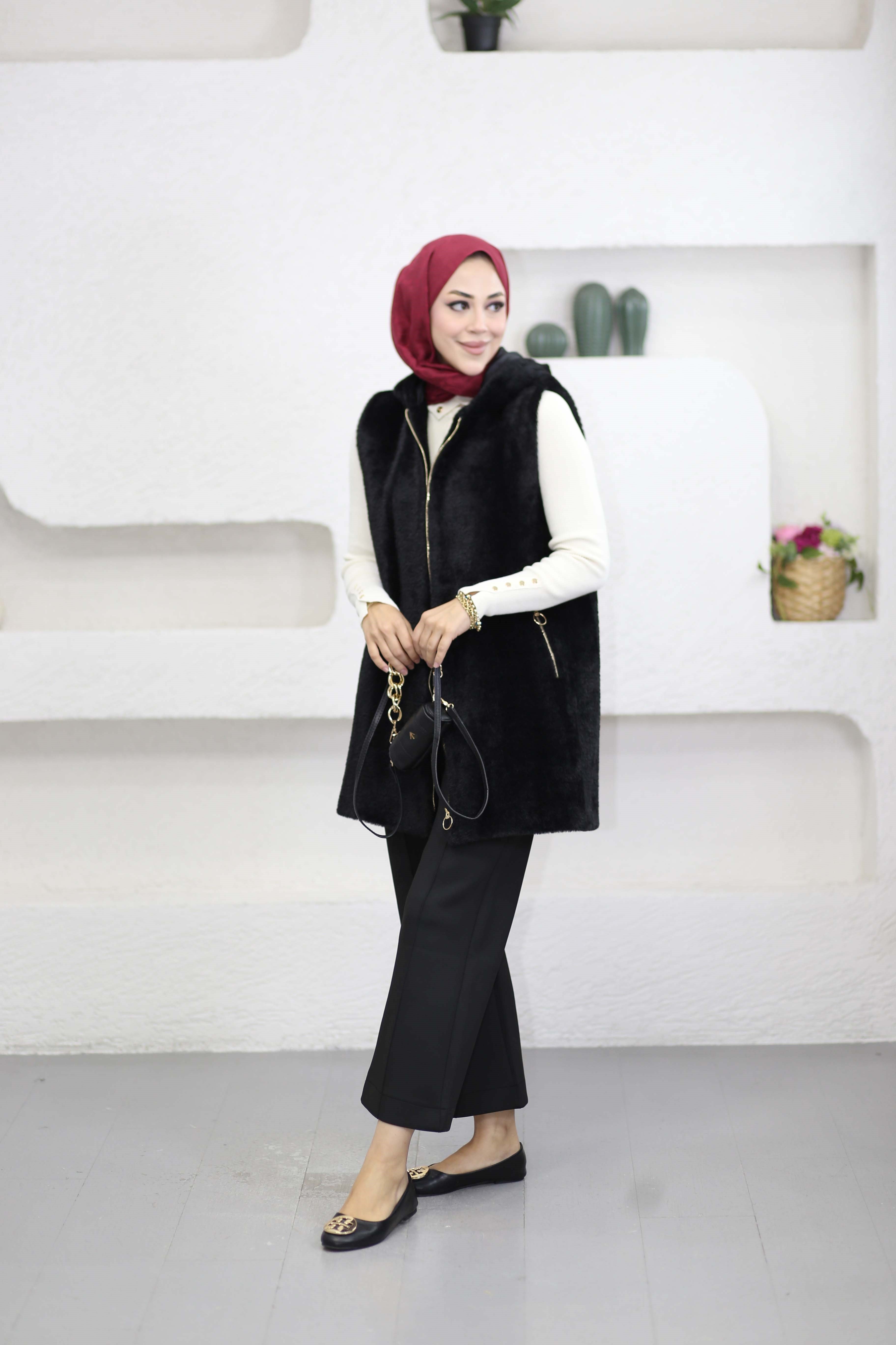 Kısa Angora Yelek Siyah 4632