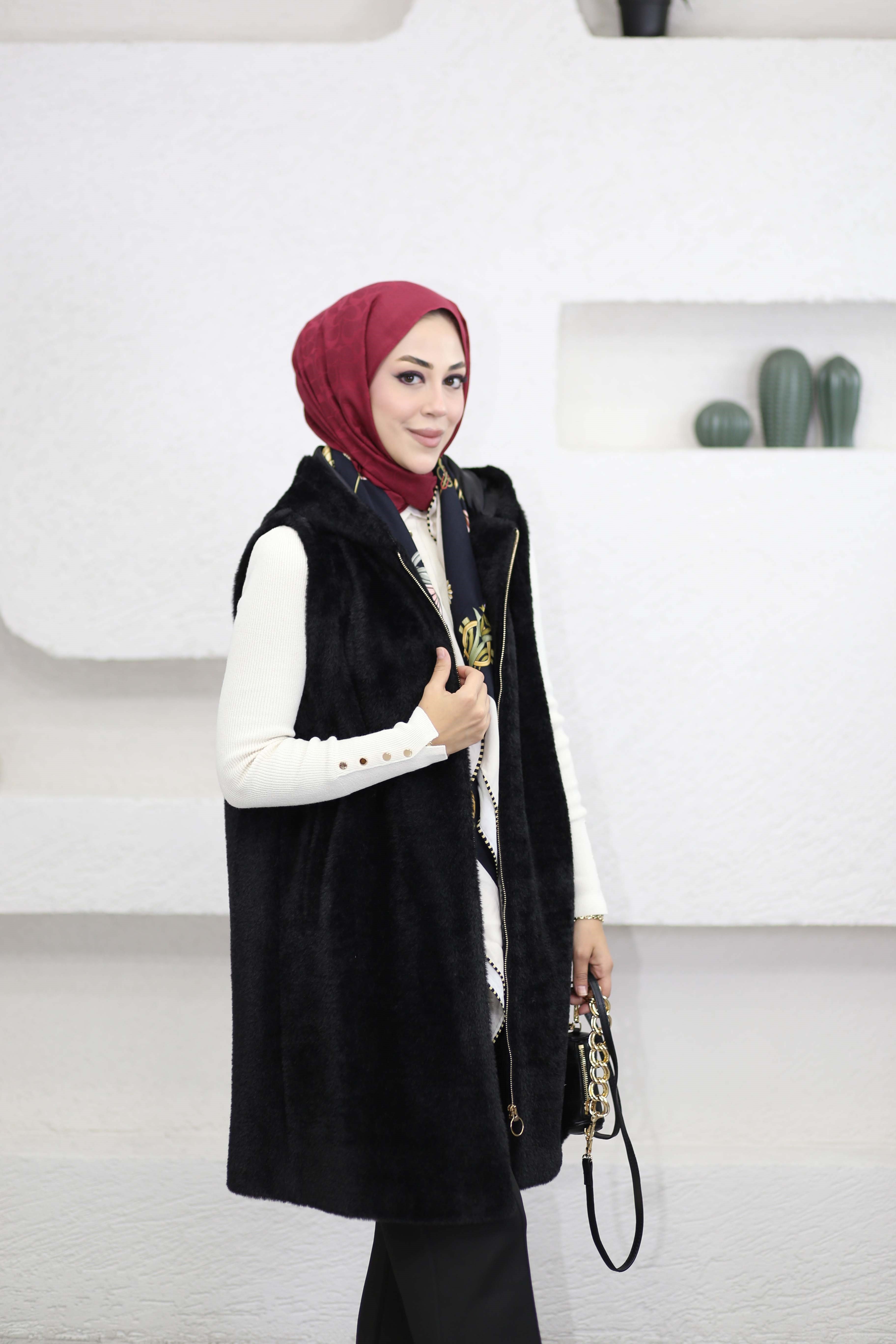 Uzun Angora Yelek Siyah 4630