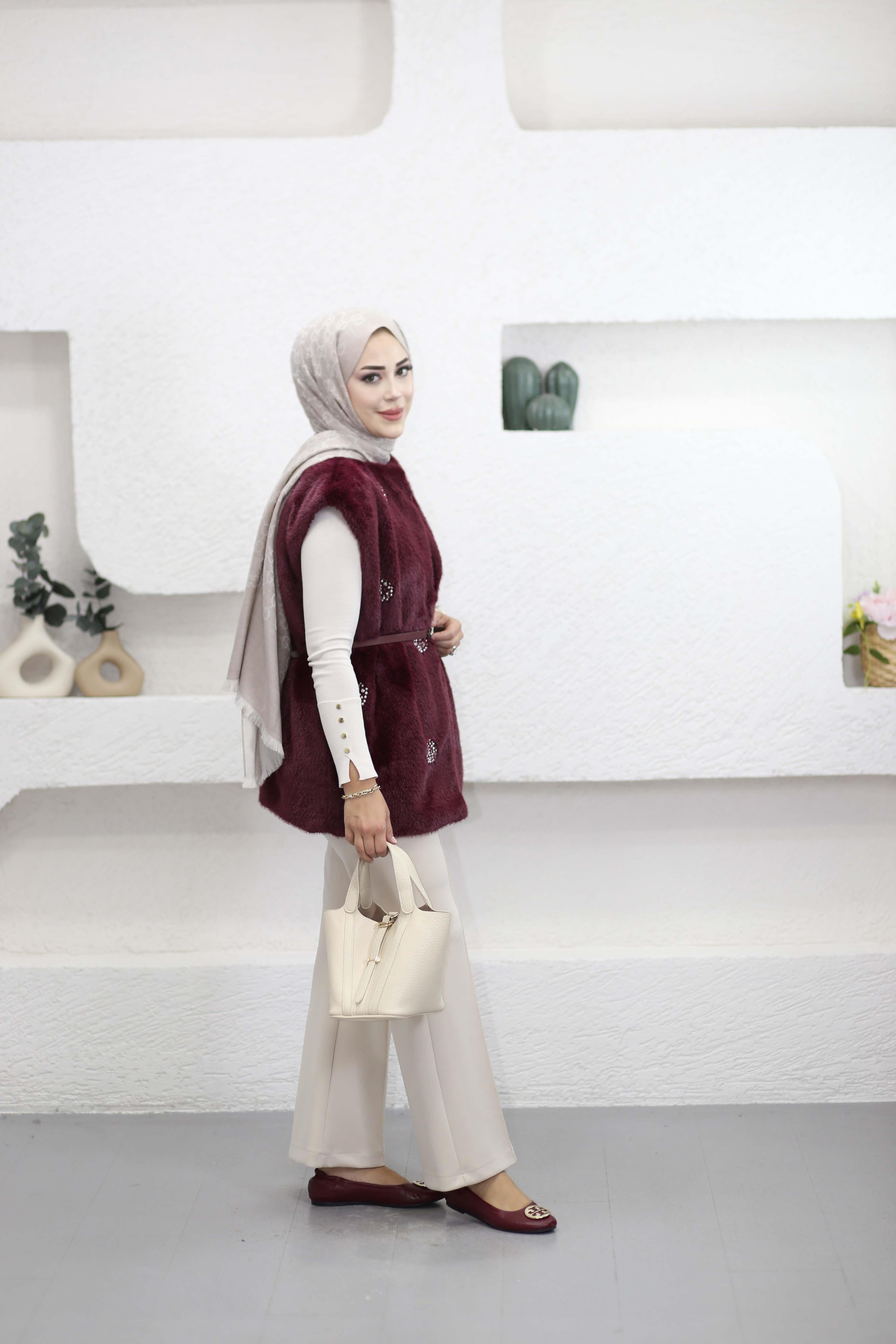 İncili Kuşaklı Yelek Bordo 2049