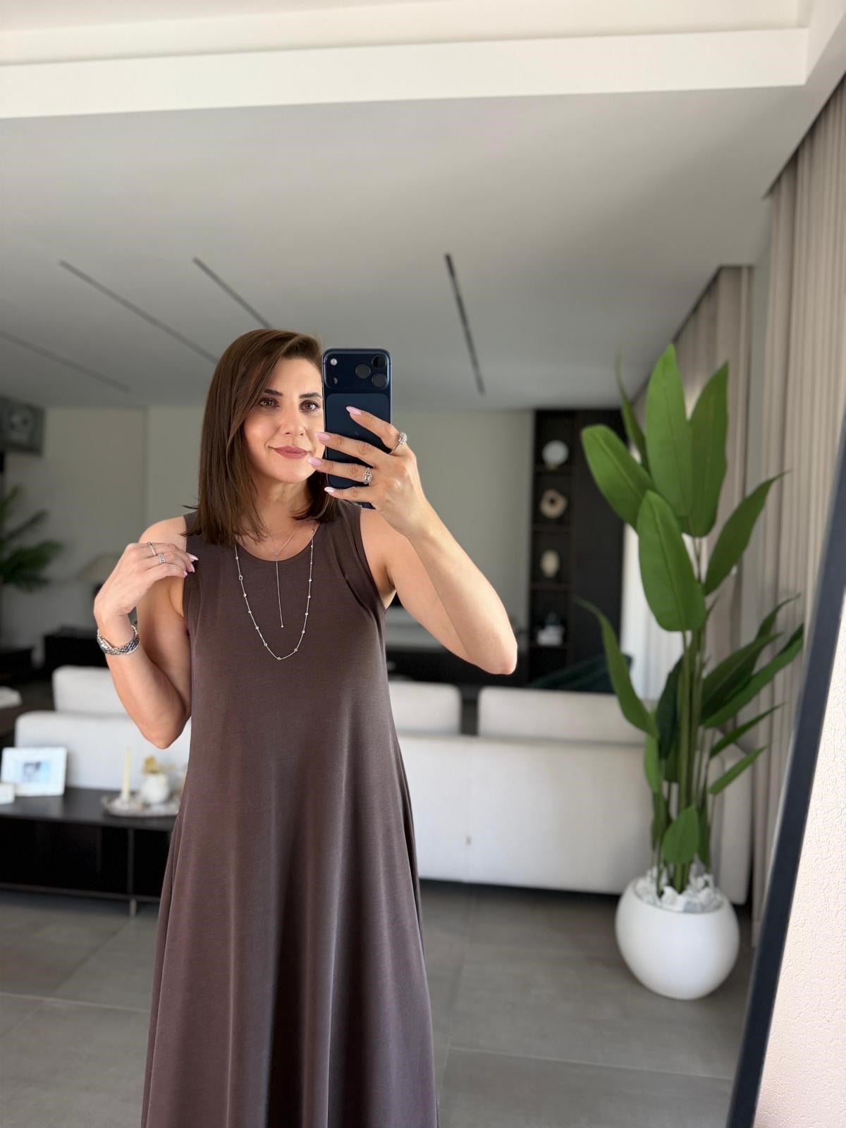 Acı Kahve Arka Düğmeli Kolsuz Pike Elbise