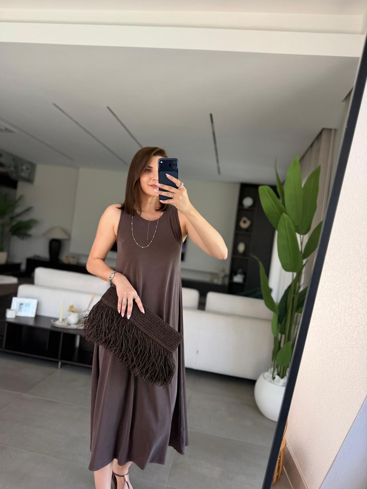 Acı Kahve Arka Düğmeli Kolsuz Pike Elbise