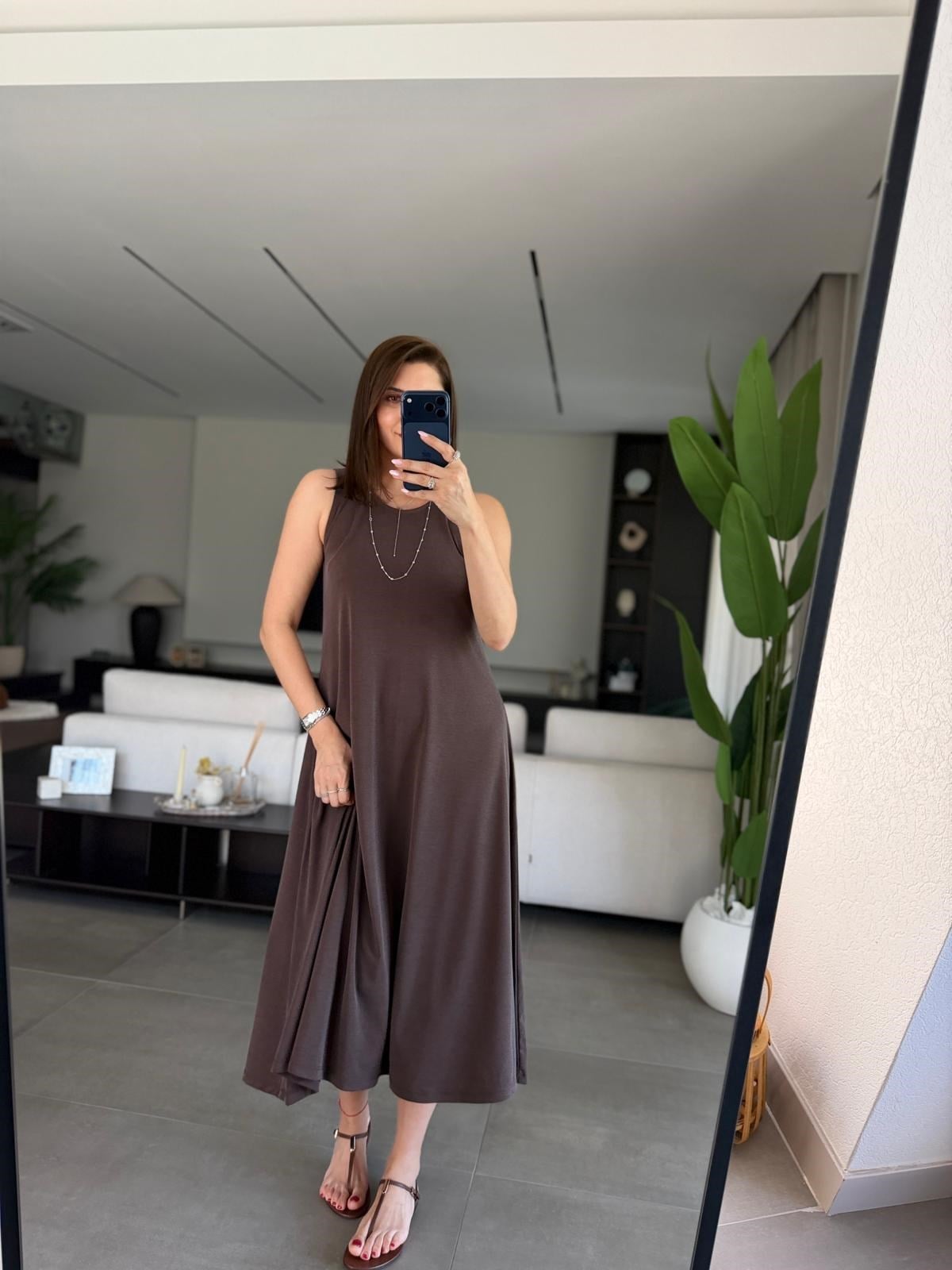 Acı Kahve Arka Düğmeli Kolsuz Pike Elbise