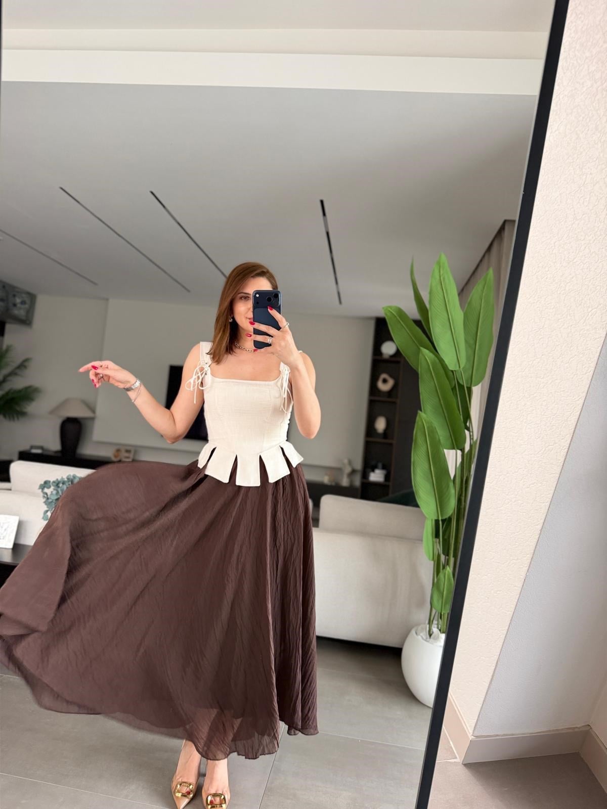 Acı Kahve Asimetrik Astarlı Tül Etek