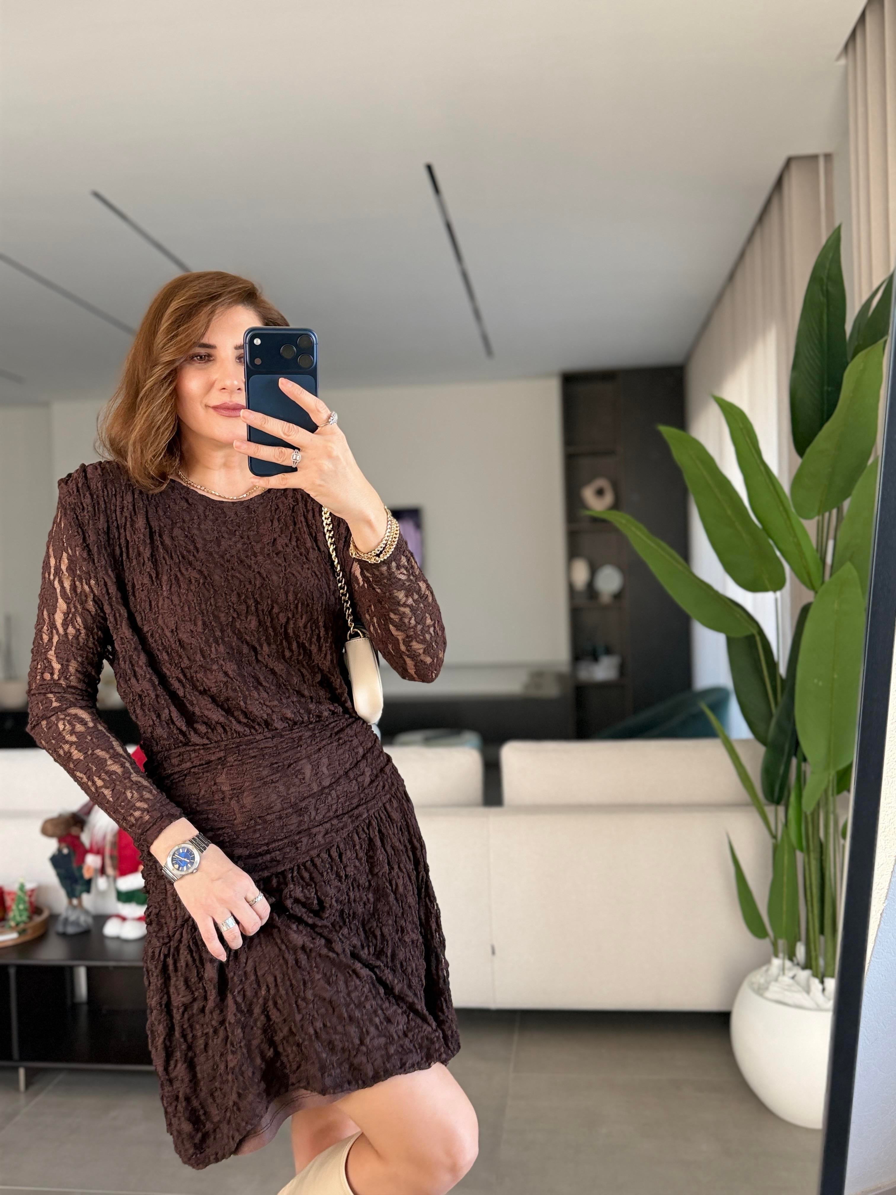 Acı Kahve Astarlı Drapeli Dantel Elbise