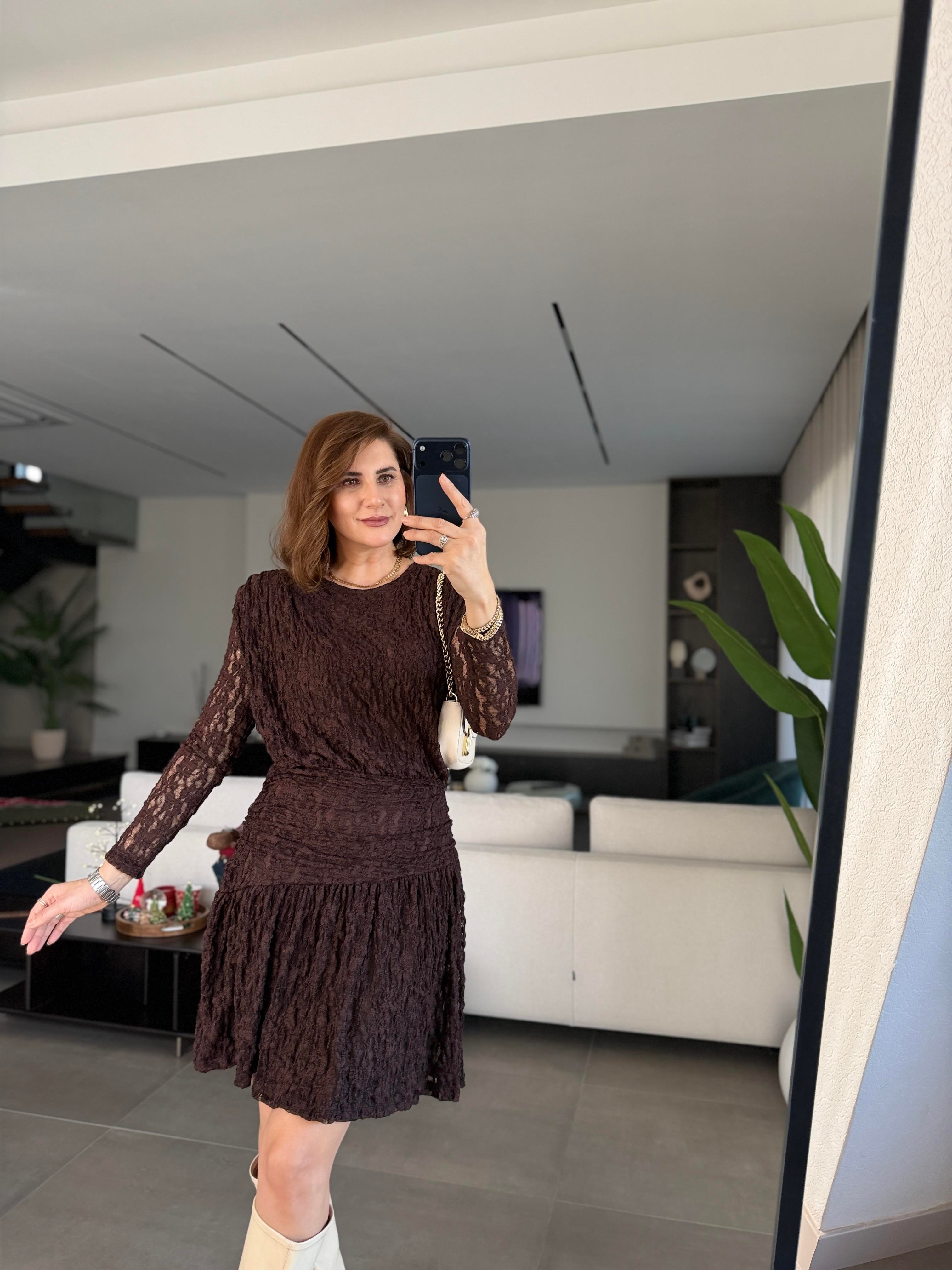 Acı Kahve Astarlı Drapeli Dantel Elbise