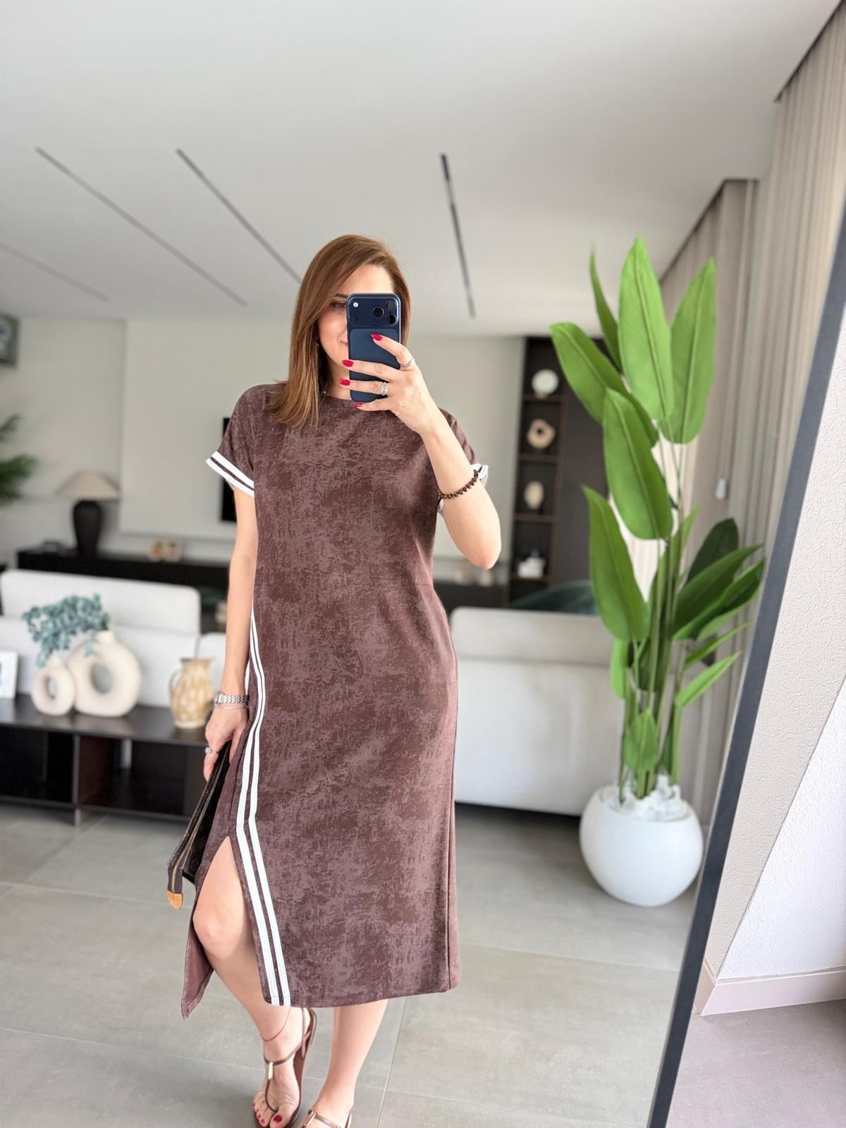 Acı Kahve Batik Desen Kol Şerit Detaylı Elbise