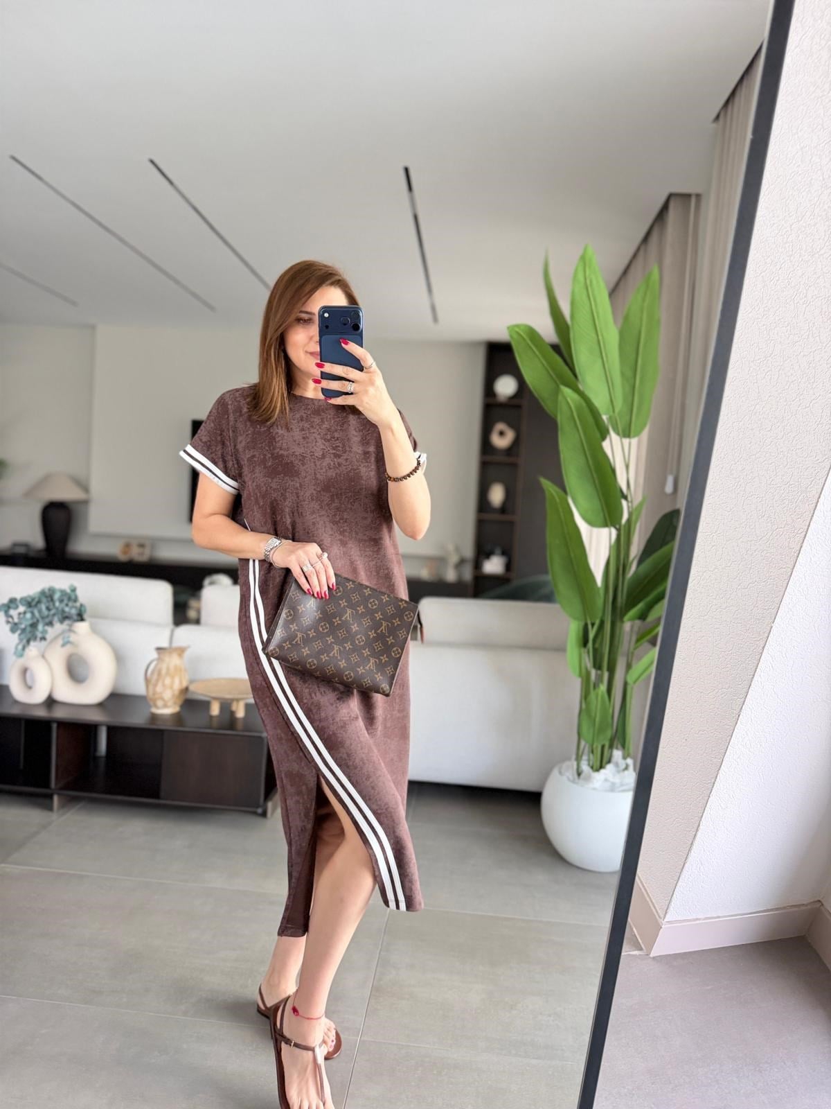 Acı Kahve Batik Desen Kol Şerit Detaylı Elbise