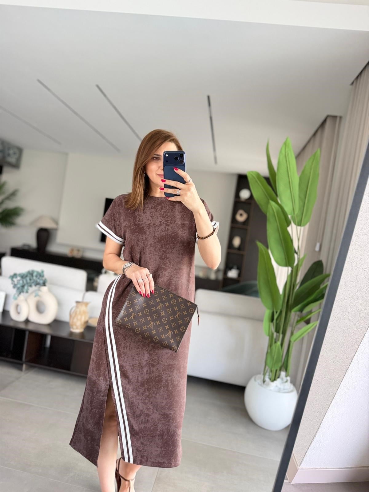 Acı Kahve Batik Desen Kol Şerit Detaylı Elbise