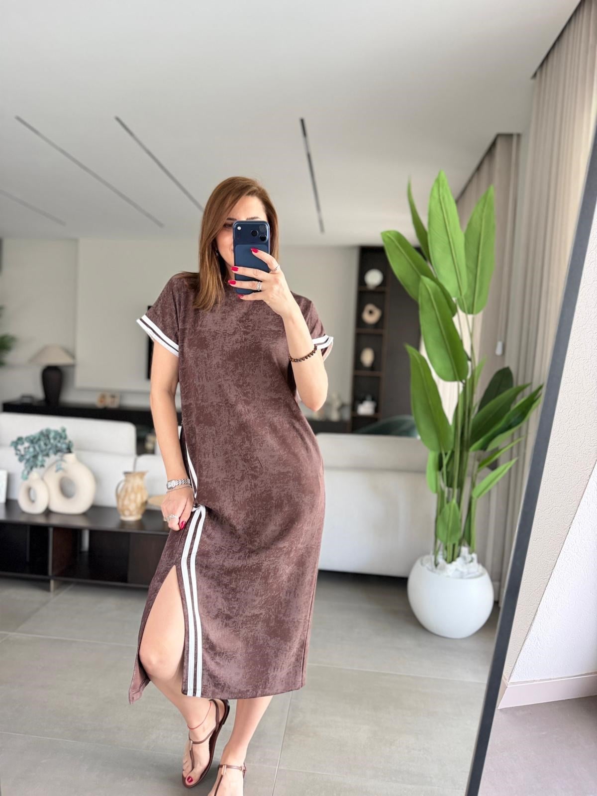 Acı Kahve Batik Desen Kol Şerit Detaylı Elbise