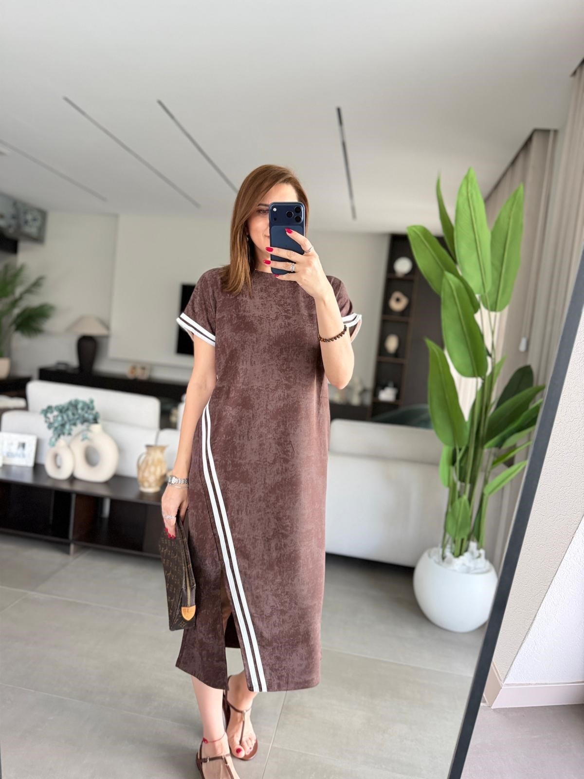 Acı Kahve Batik Desen Kol Şerit Detaylı Elbise