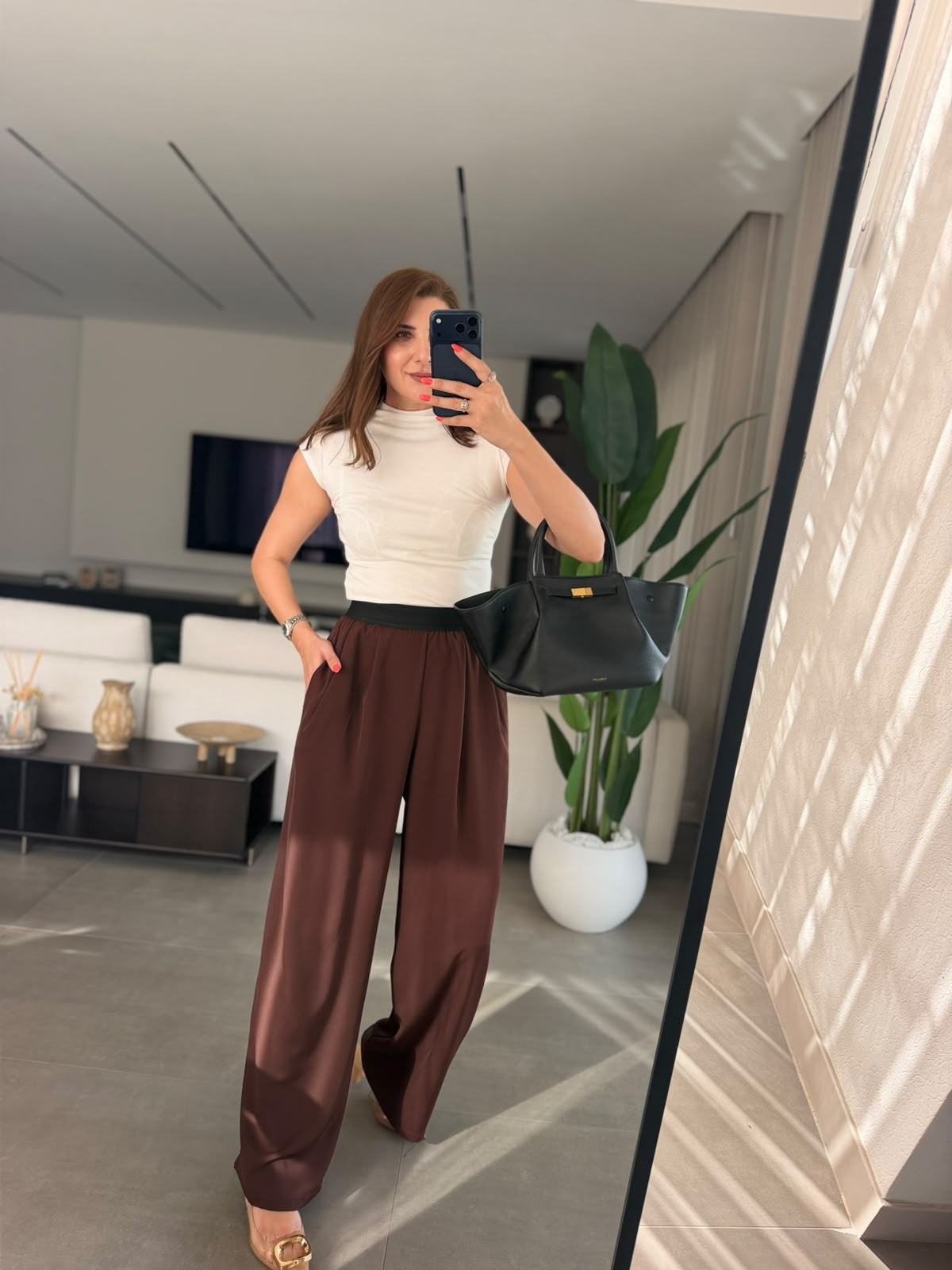 Acı Kahve Beli Lastikli Palazzo Pantolon