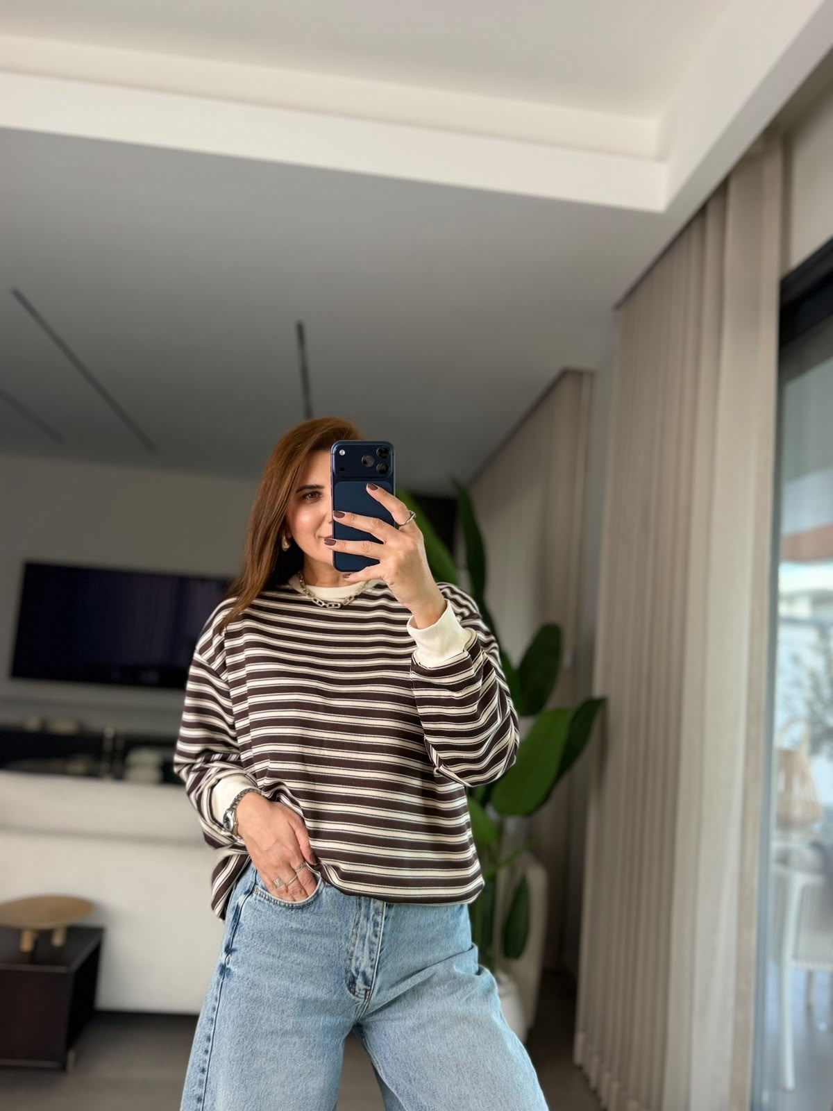 Acı Kahve Bisiklet Yaka Üç İplik Çizgili Sweatshırt