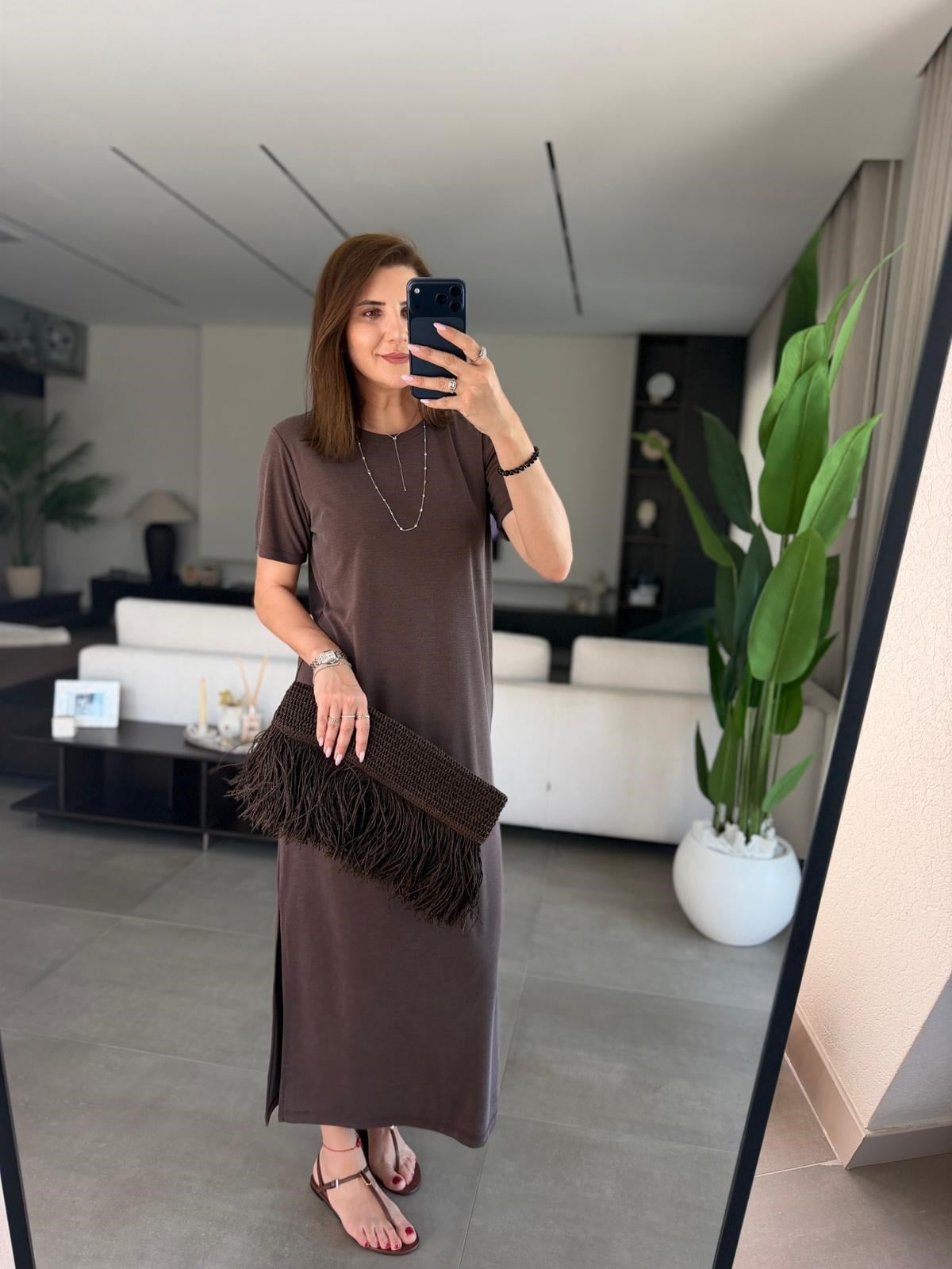 Acı Kahve Bisiklet Yaka Yırtmaçlı Pike Elbise