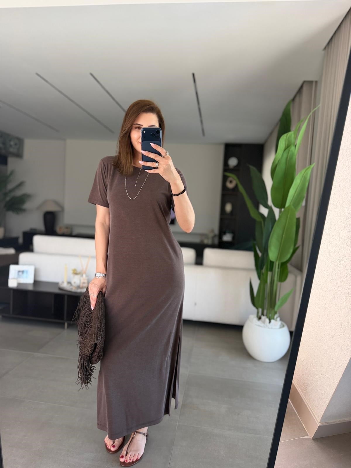 Acı Kahve Bisiklet Yaka Yırtmaçlı Pike Elbise