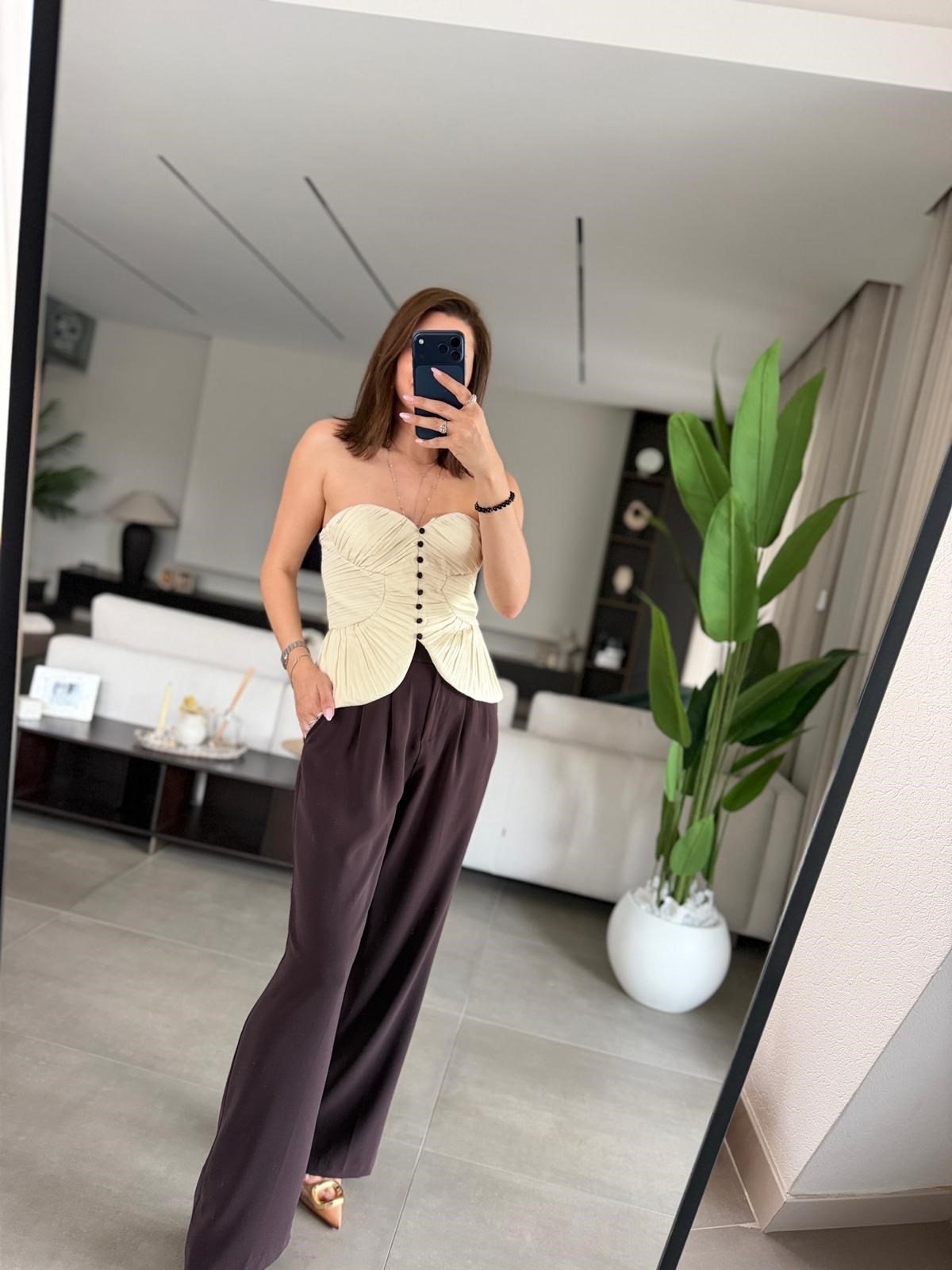 Acı Kahve Bol Paça Düğmeli Pantolon