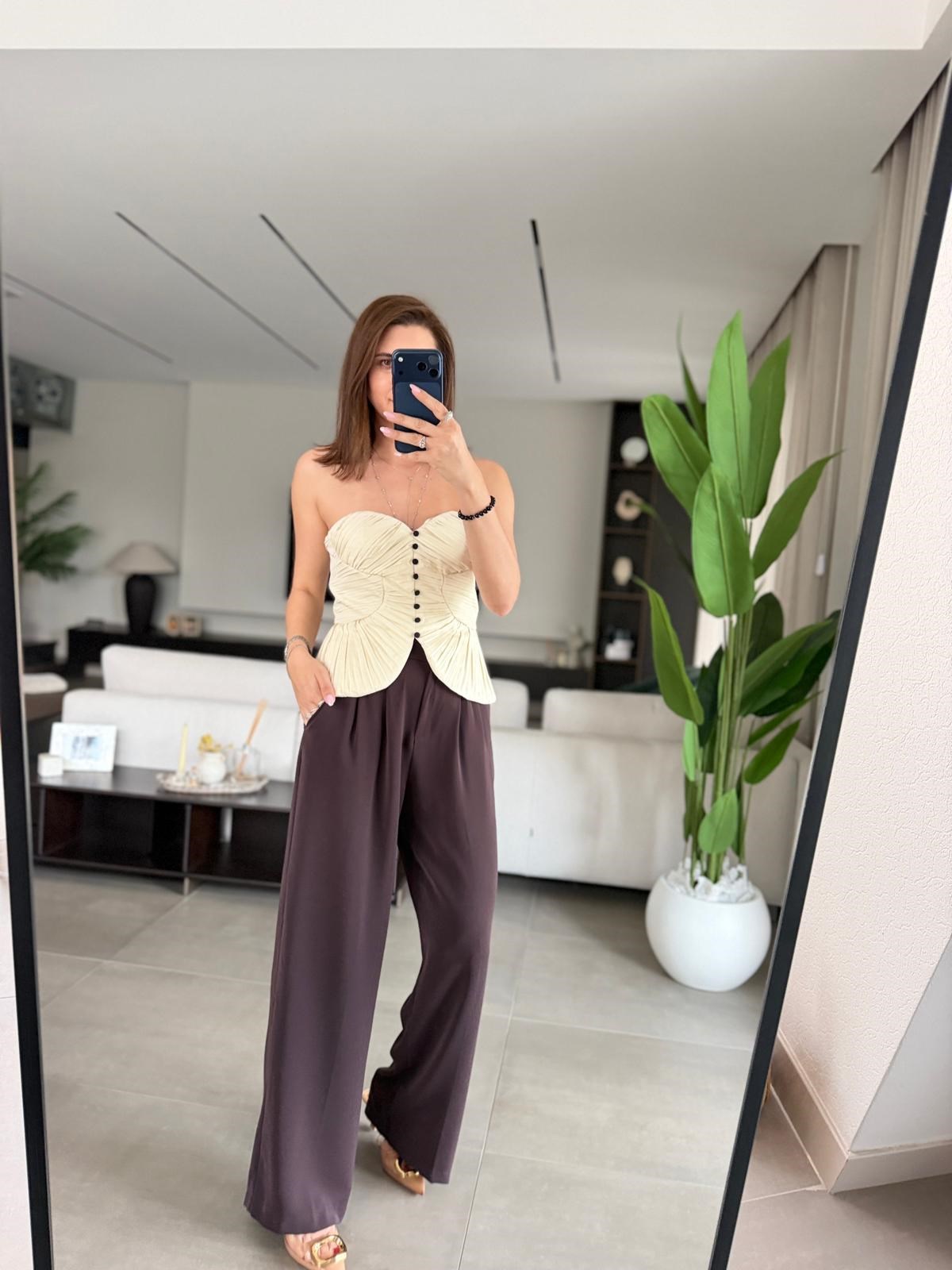 Acı Kahve Bol Paça Düğmeli Pantolon