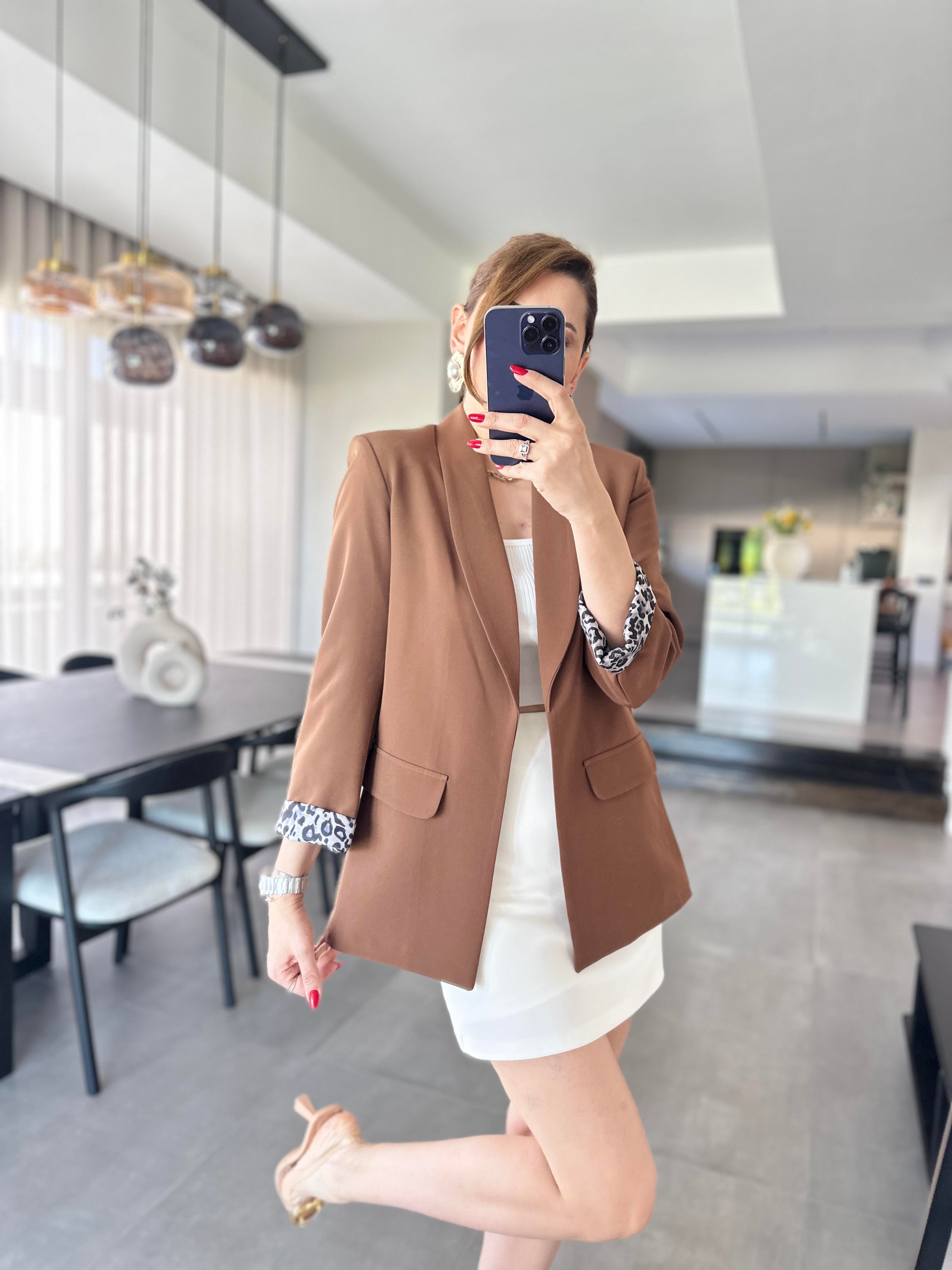 Acı Kahve Büyük Beden İçi Leopar Astarlı Blazer Ceket