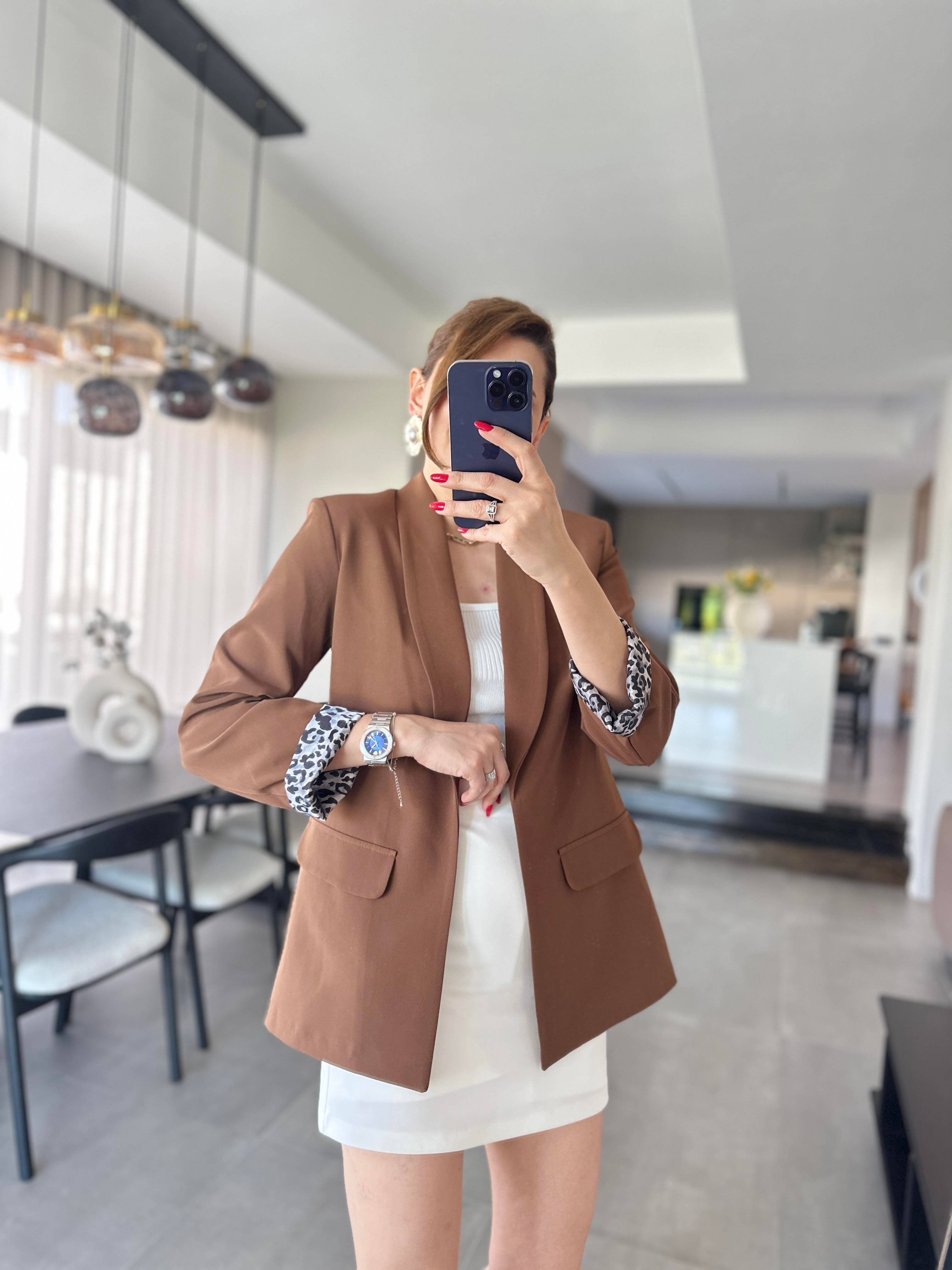 Acı Kahve Büyük Beden İçi Leopar Astarlı Blazer Ceket