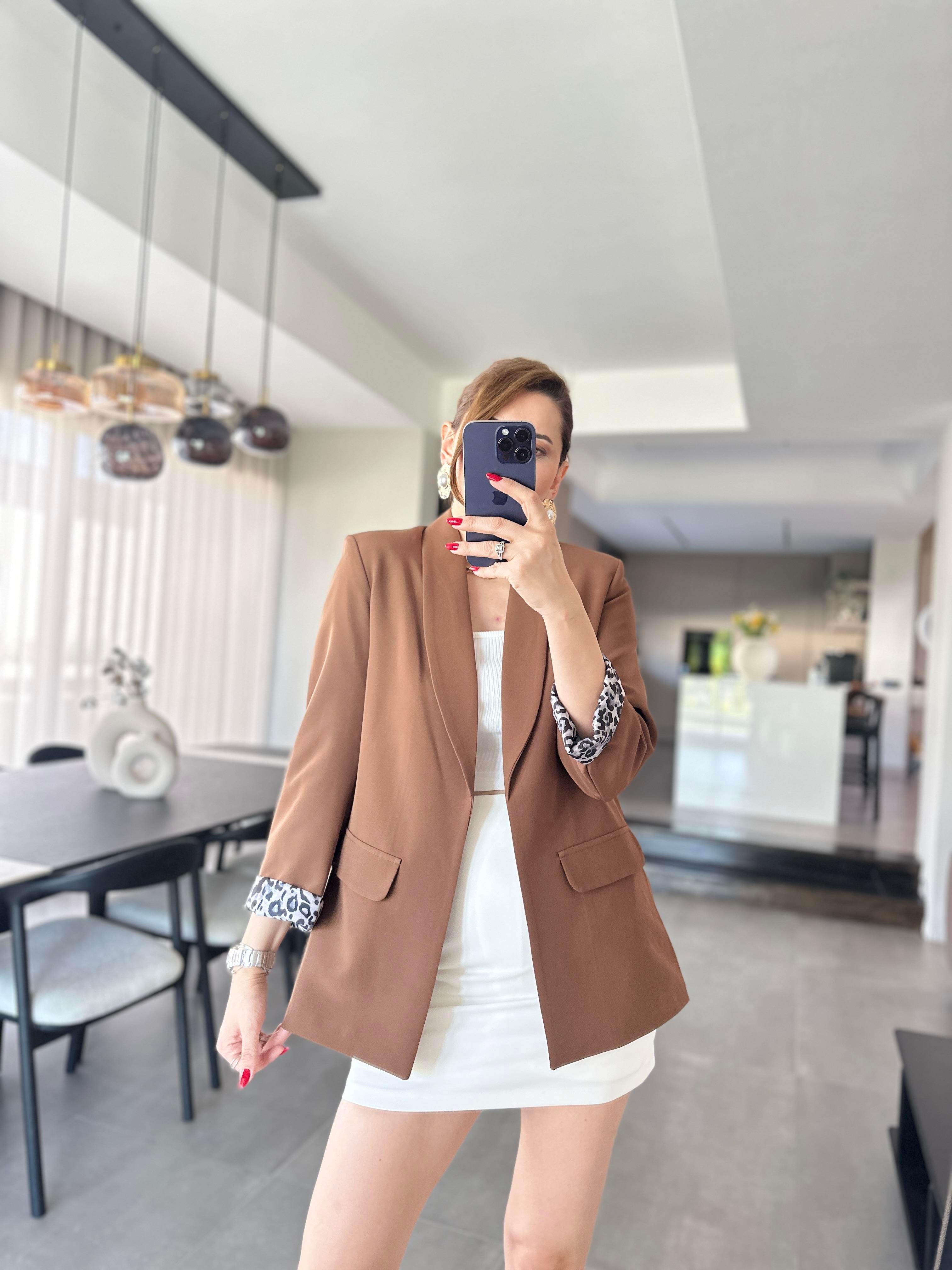 Acı Kahve Büyük Beden İçi Leopar Astarlı Blazer Ceket