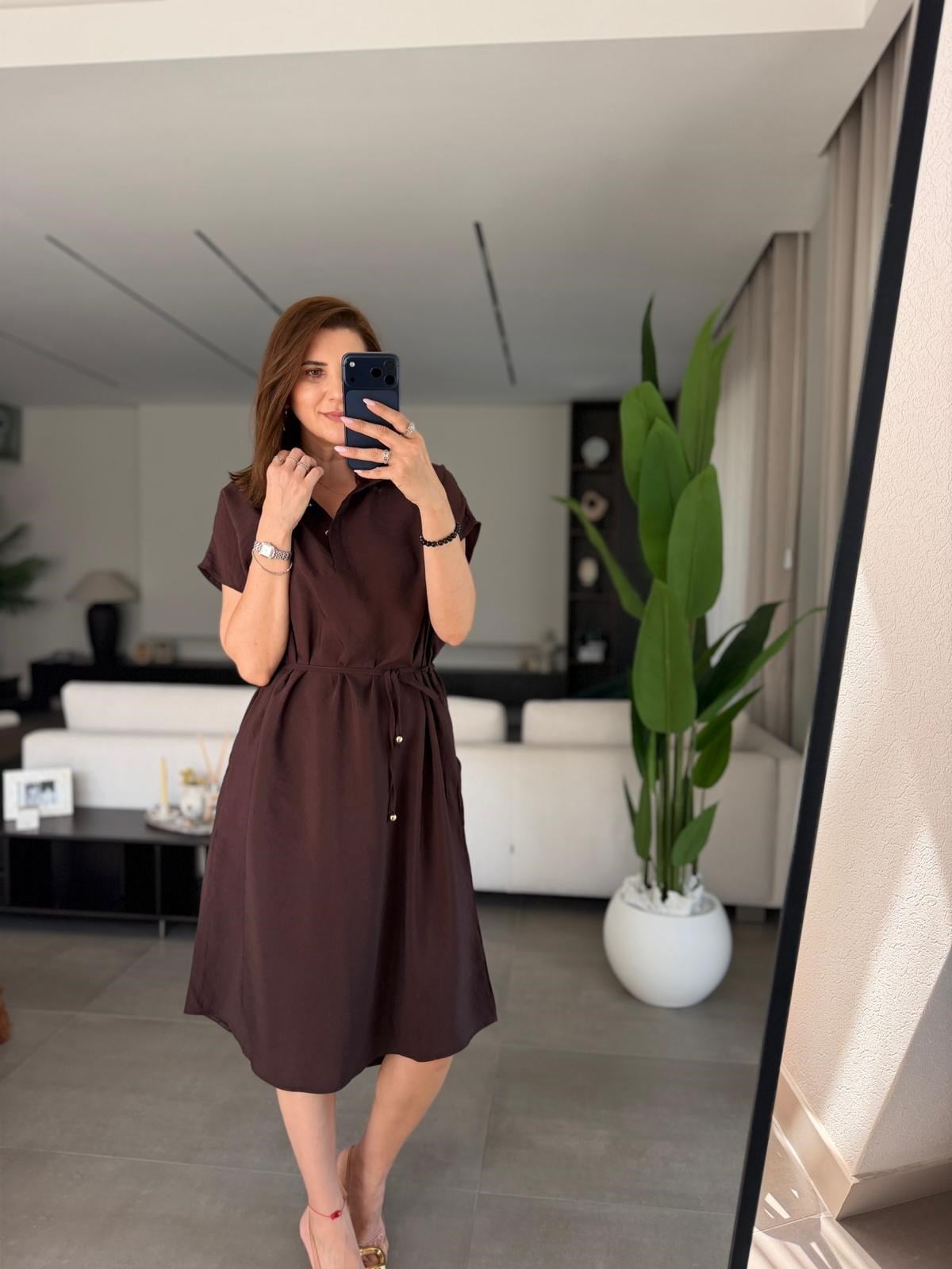 Acı Kahve  Büyük Beden Kuşaklı Cupra Elbise