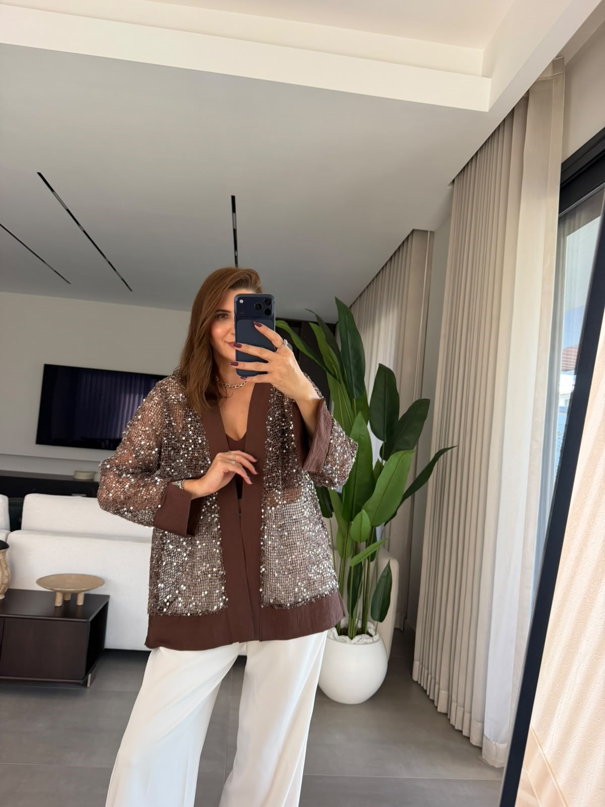 Acı Kahve Büyük Beden  Pullu Hırka