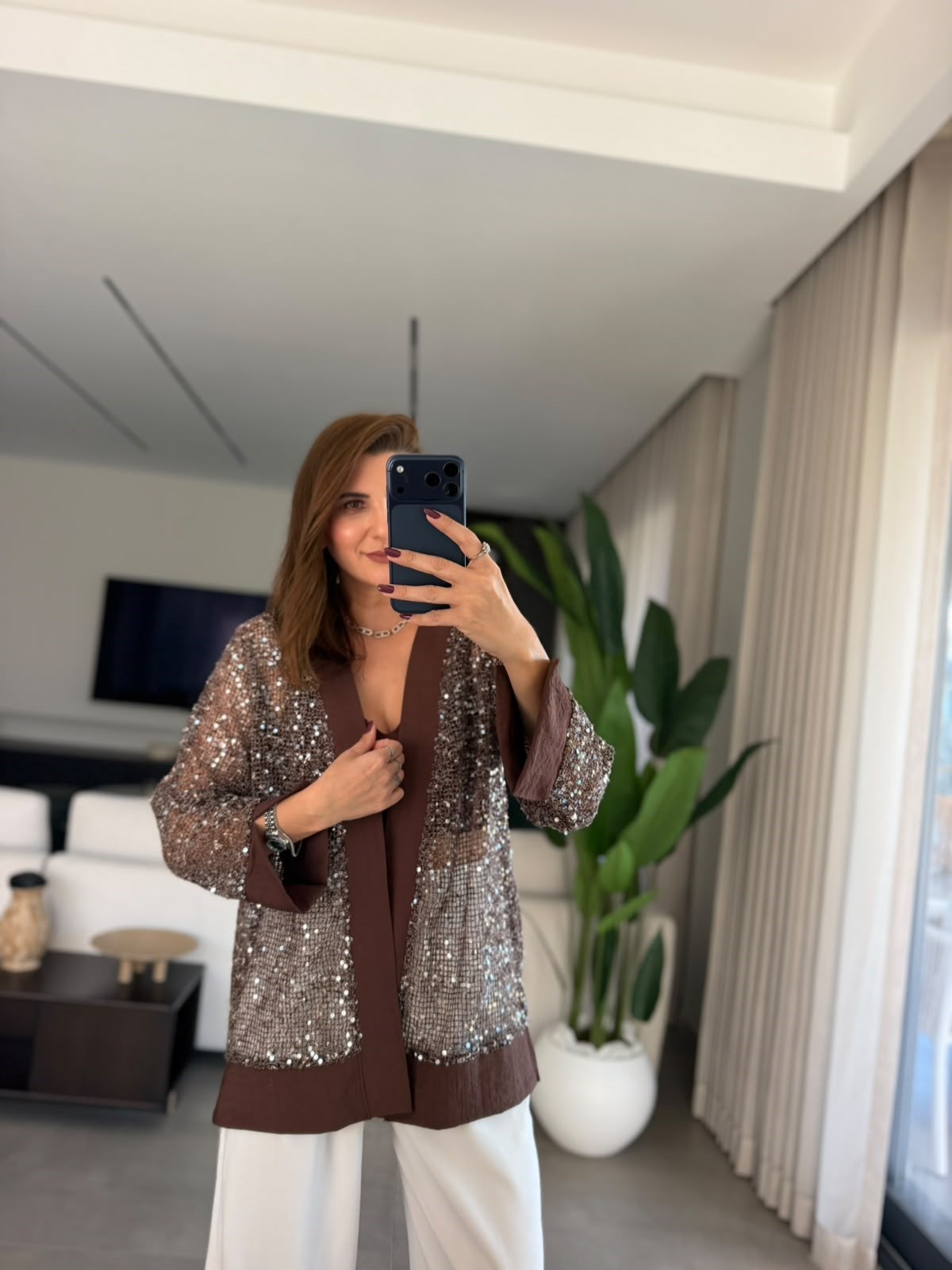 Acı Kahve Büyük Beden  Pullu Hırka