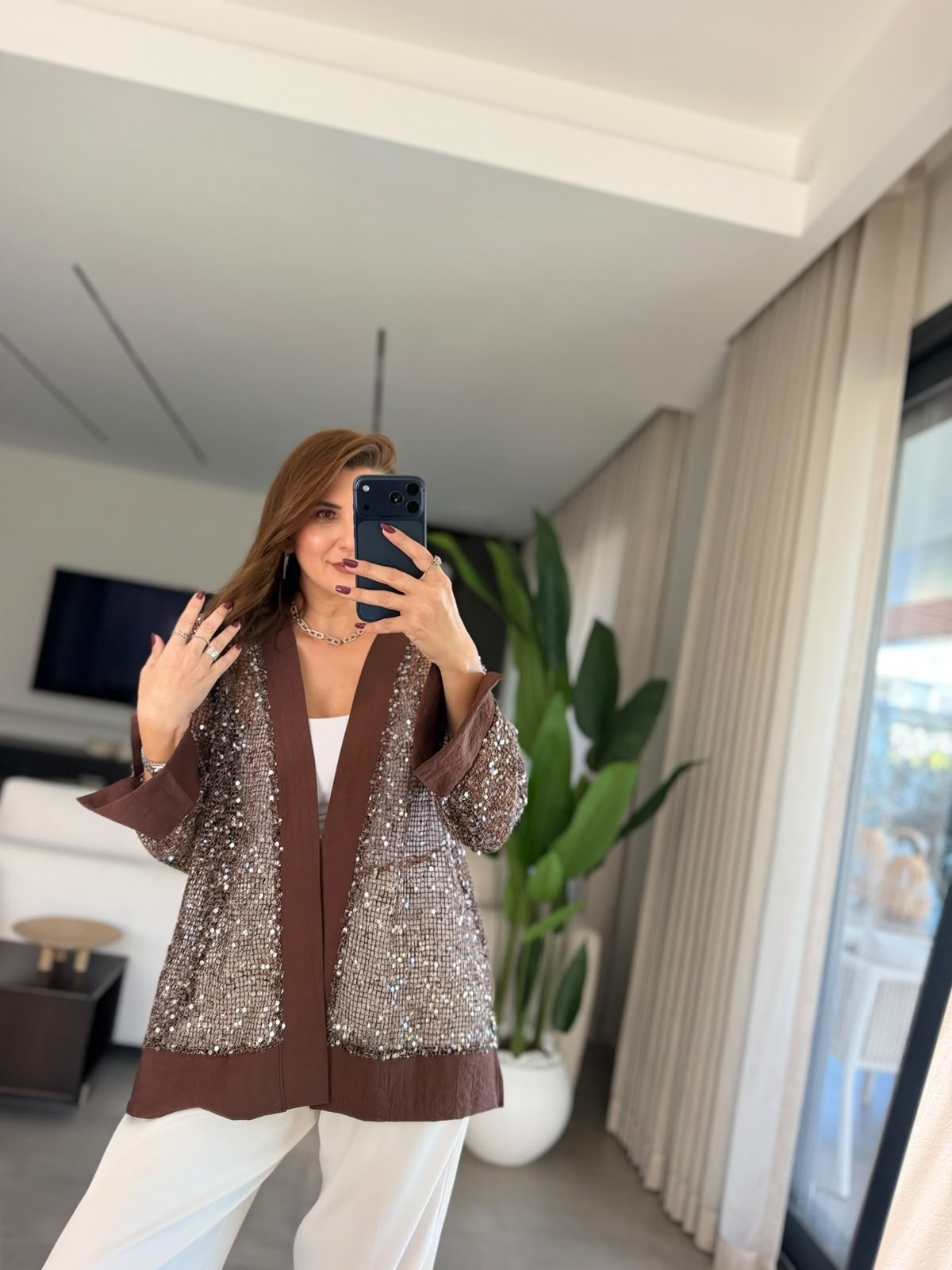 Acı Kahve Büyük Beden  Pullu Hırka