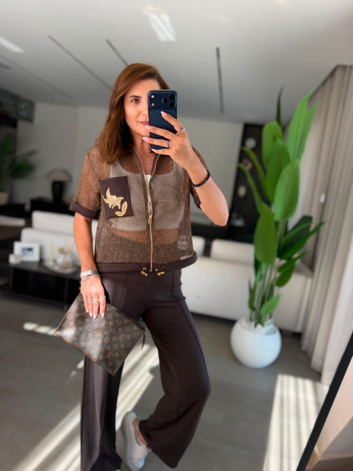 Acı Kahve Cebi Nakışlı File Ceket Takım